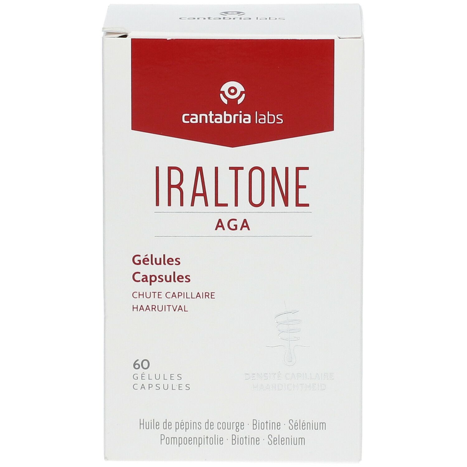 Boîte blanche Iraltone AGA. 60 gélules. Texte en plusieurs langues.
