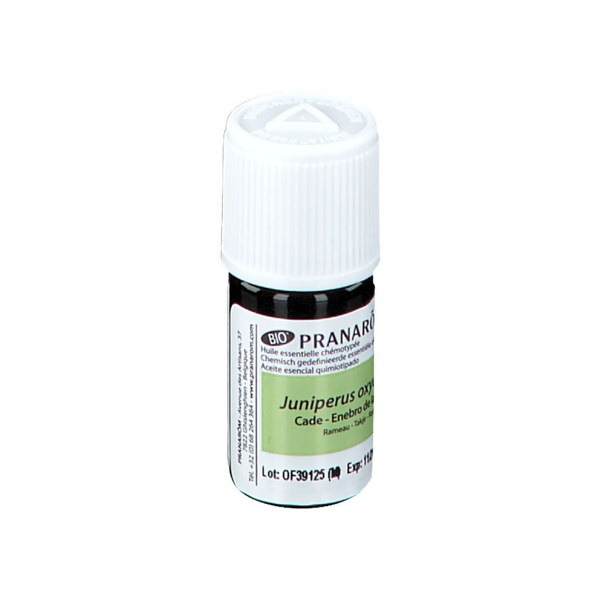 Bouteille en verre brun avec bouchon blanc. Étiquette avec nom du produit, nom botanique et certification.