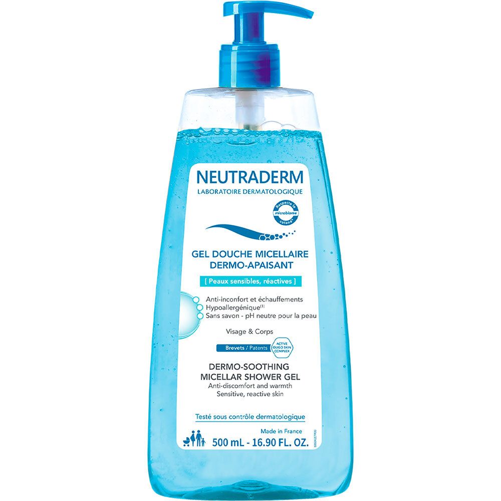 Neutraderm Micellaire douchegel. Blauwe fles met blauwe pomp. Tekst: Dermo-verzachtend, voor gevoelige huid. 500 ml.