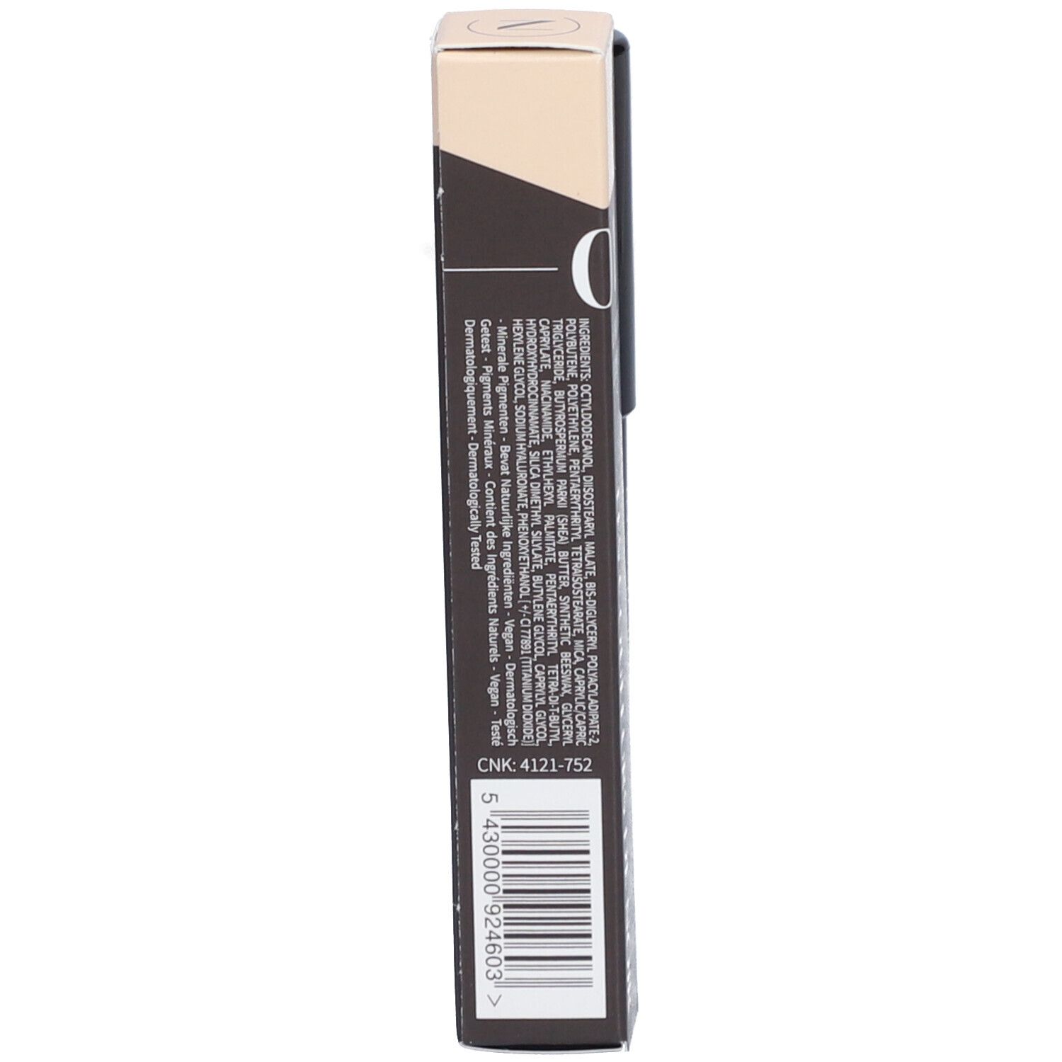 Emballage du Chubby LipBalm 01 Pearl de Les Couleurs de Noir. Texte avec ingrédients et code-barres.