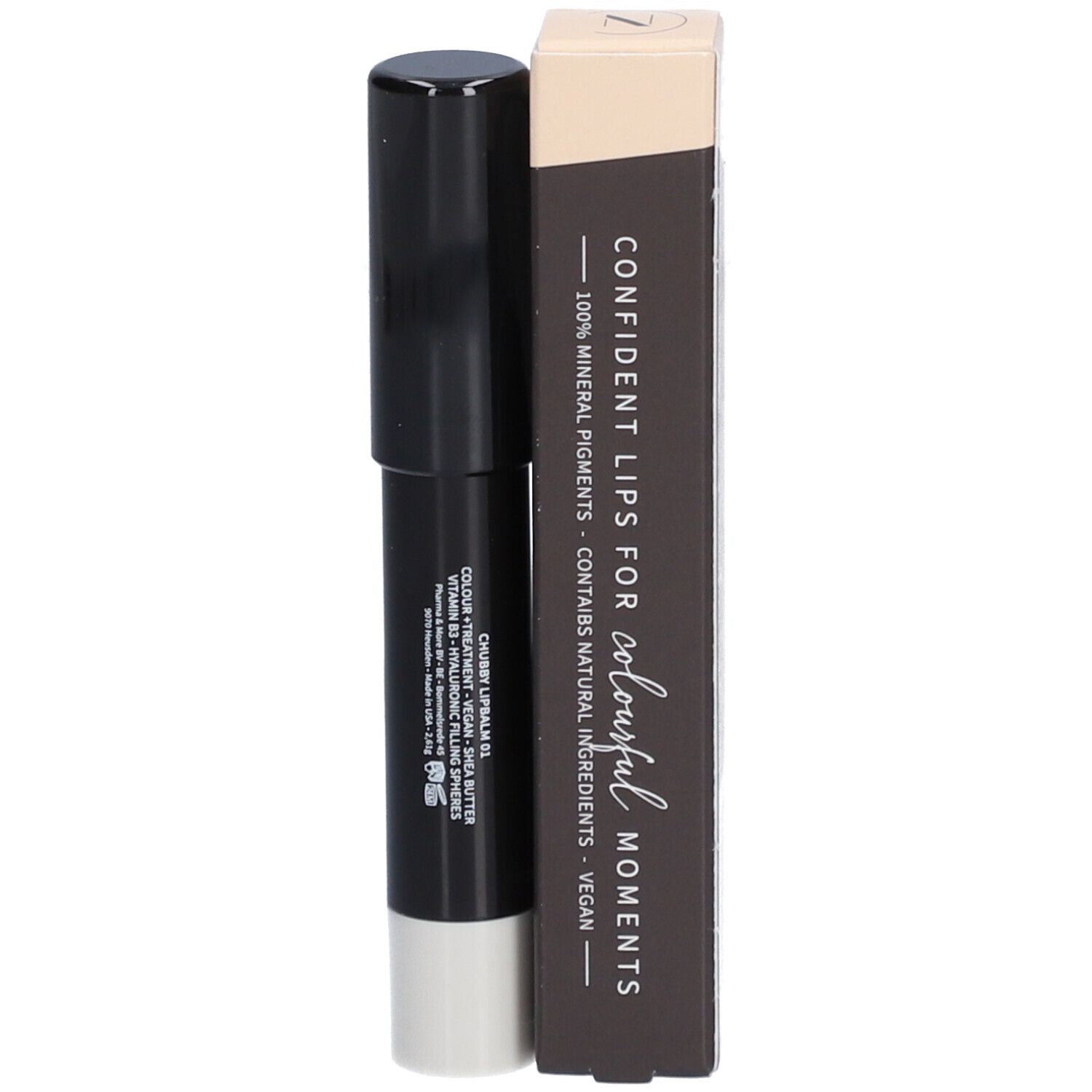 Chubby LipBalm 01 Pearl de Les Couleurs de Noir. Bâton noir à embout blanc et emballage.