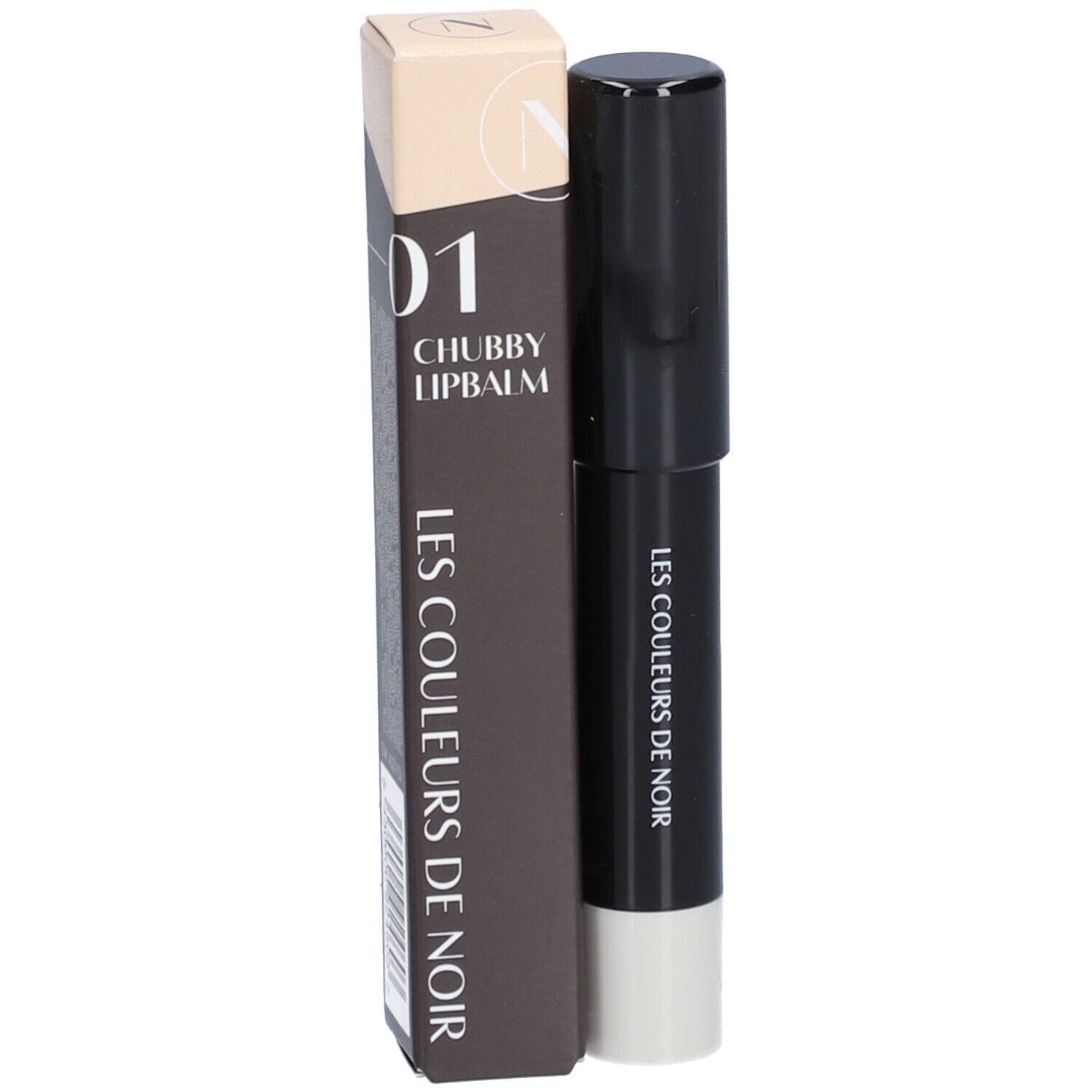 Chubby LipBalm 01 Pearl de Les Couleurs de Noir. Bâton noir à embout blanc et emballage.