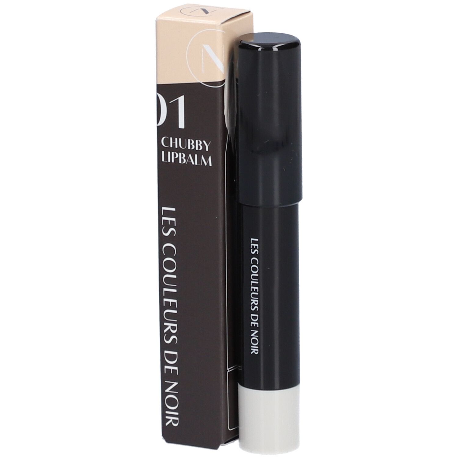 Chubby LipBalm 01 Pearl de Les Couleurs de Noir. Bâton noir à embout blanc et emballage.