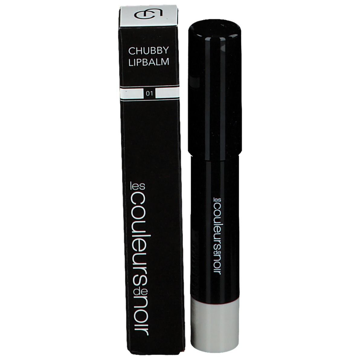 Chubby LipBalm 01 Pearl de Les Couleurs de Noir. Bâton noir à embout blanc et emballage.