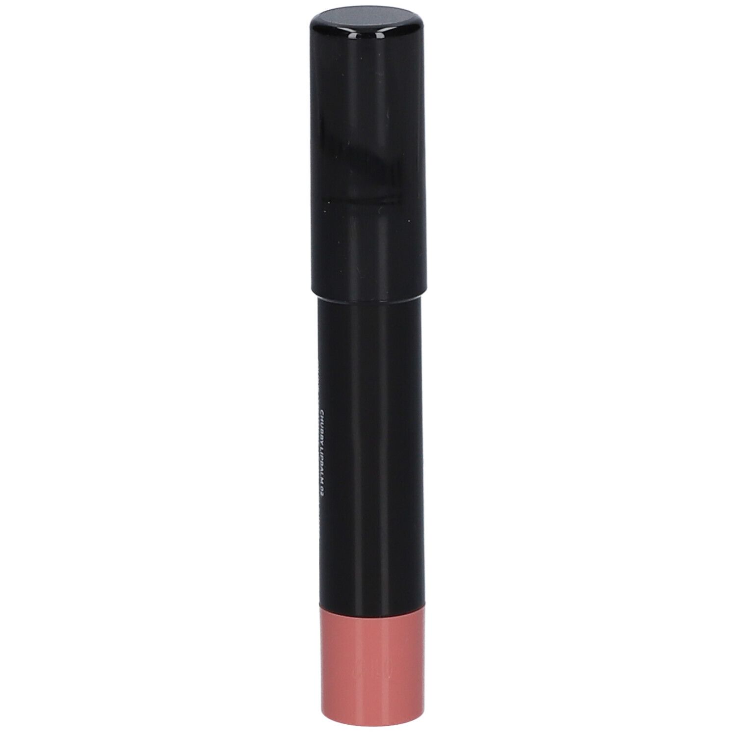 Schwarzer Lippenbalsam-Stift mit rosa Spitze. Rückseite mit Text.