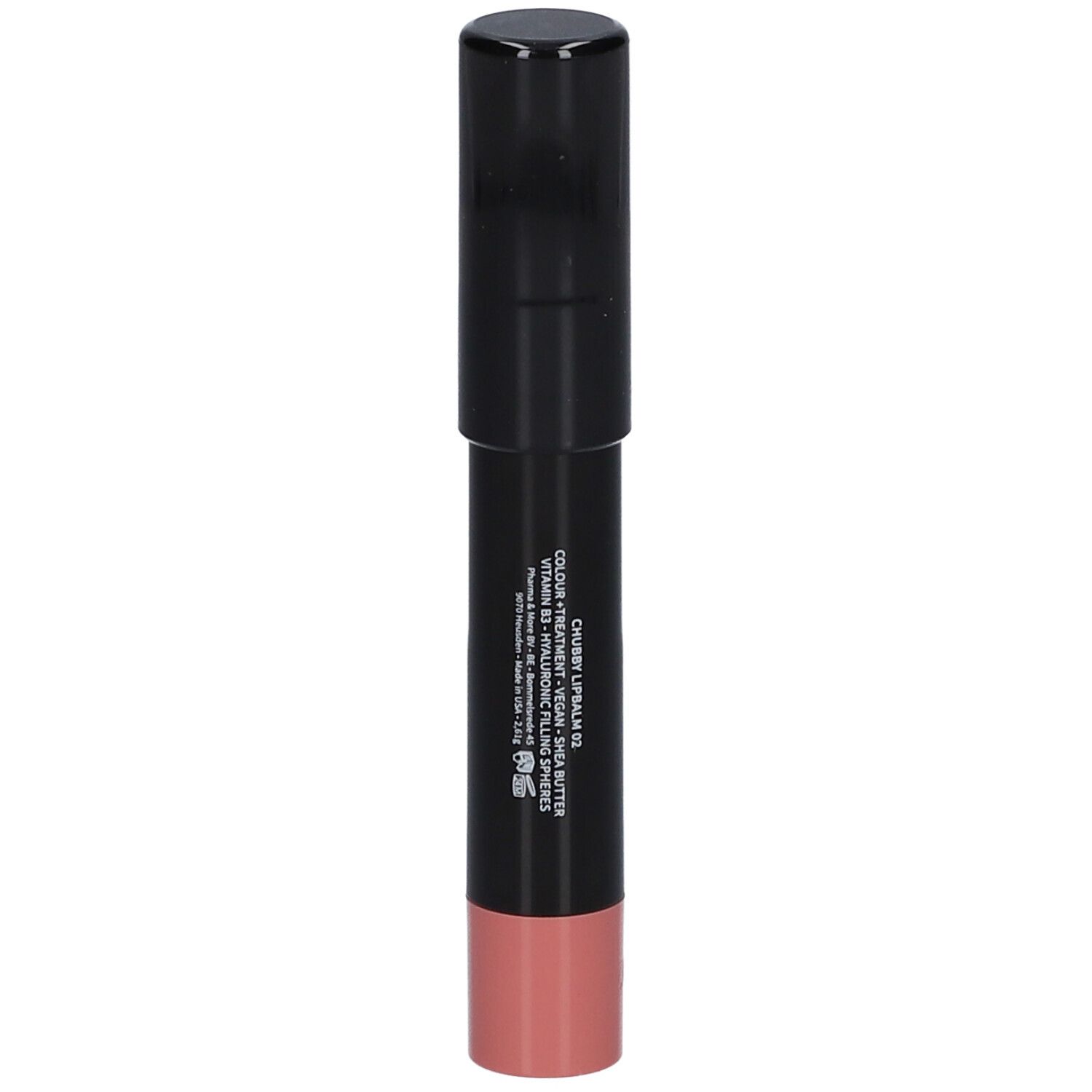 Schwarzer Lippenbalsam-Stift mit rosa Spitze. Text: CHUBBY LIPBALM 02, vegan, Sheabutter.