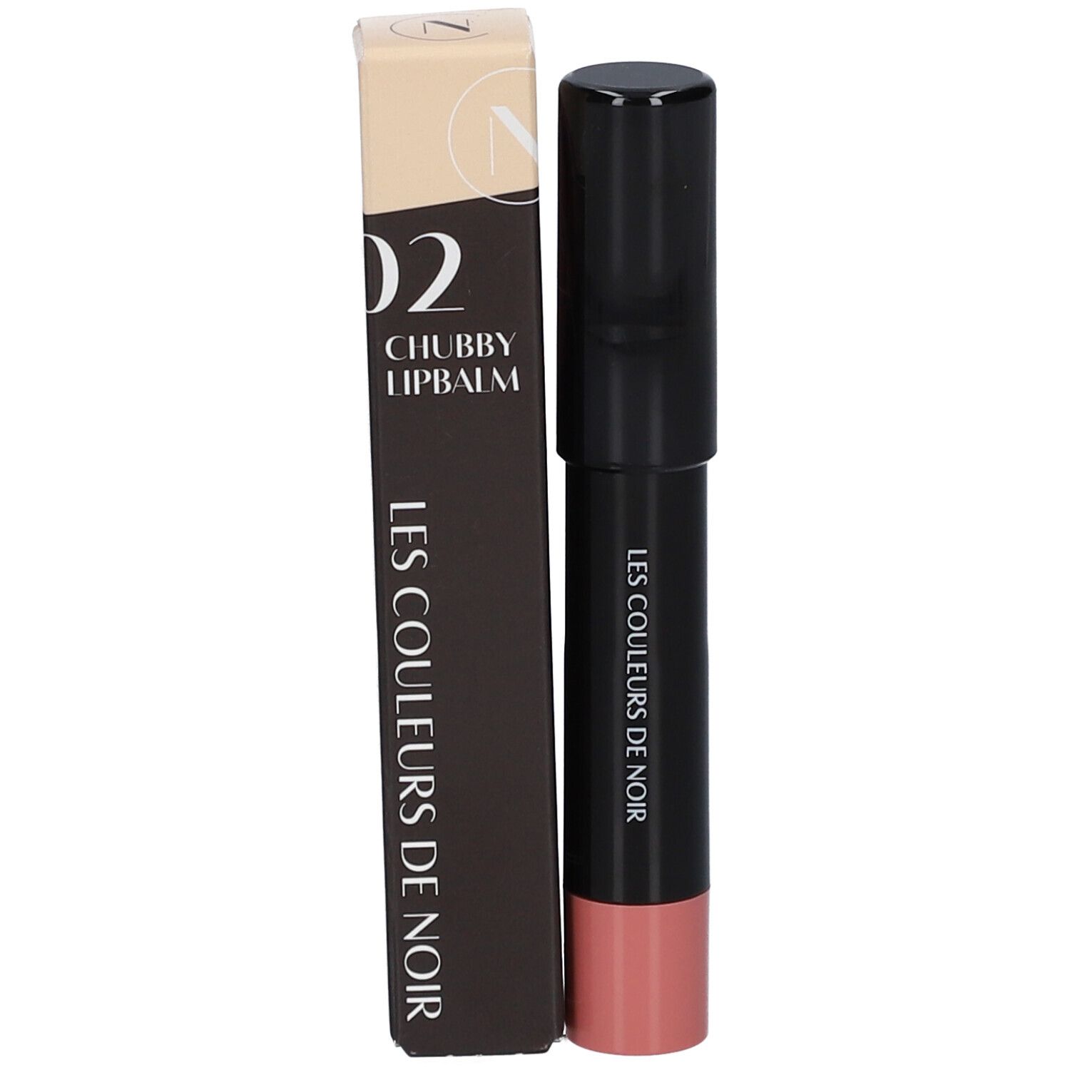 Lippenbalsam-Stift und Verpackung. Verpackung: braun, weiß, Aufschrift: 02 CHUBBY LIPBALM LES COULEURS DE NOIR.