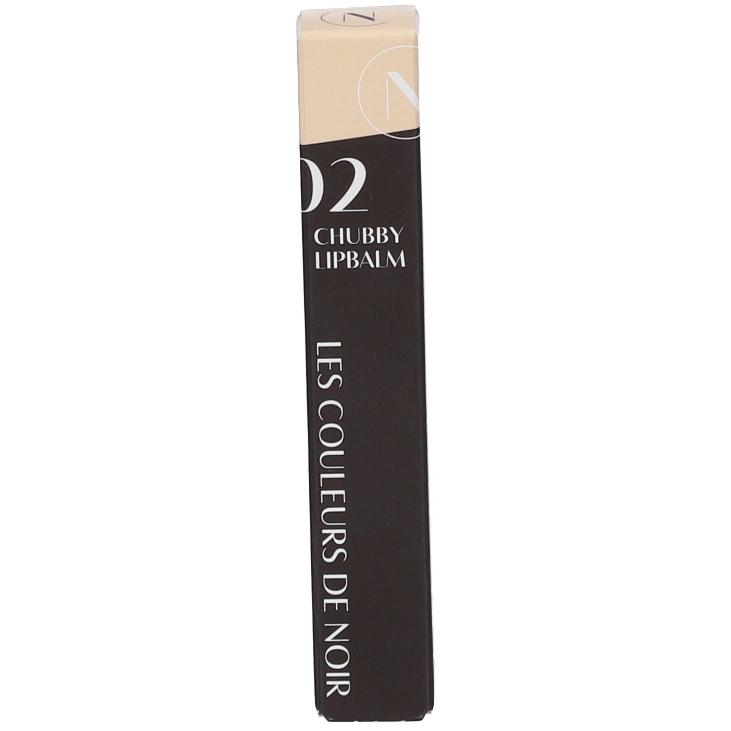 Verpackung des Lippenbalsams. Braun, weiß, Aufschrift: 02 CHUBBY LIPBALM LES COULEURS DE NOIR.