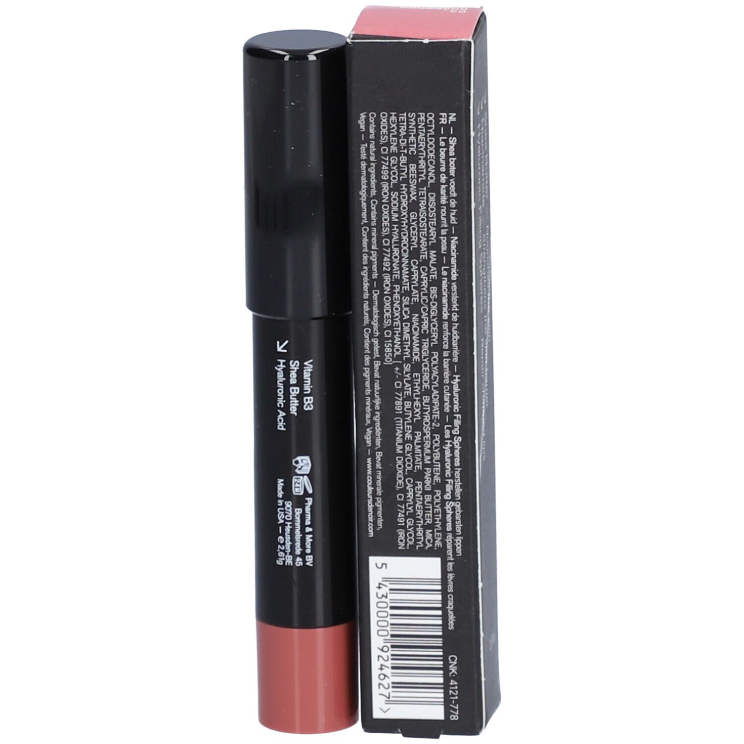 Lippenstift mit Vitamin B3 und Hyaluronsäure in rosafarbener Hülse, neben einer Verpackung mit Inhaltsstoffen.