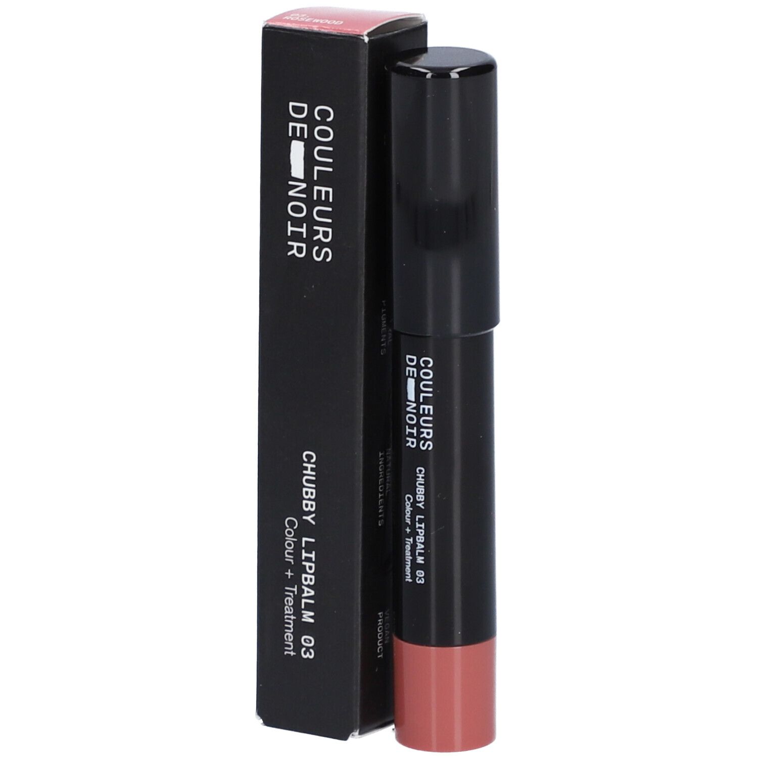Couleurs de Noir Chubby Lipbalm 03 in Rosaton mit schwarzem Stift und Verpackung.