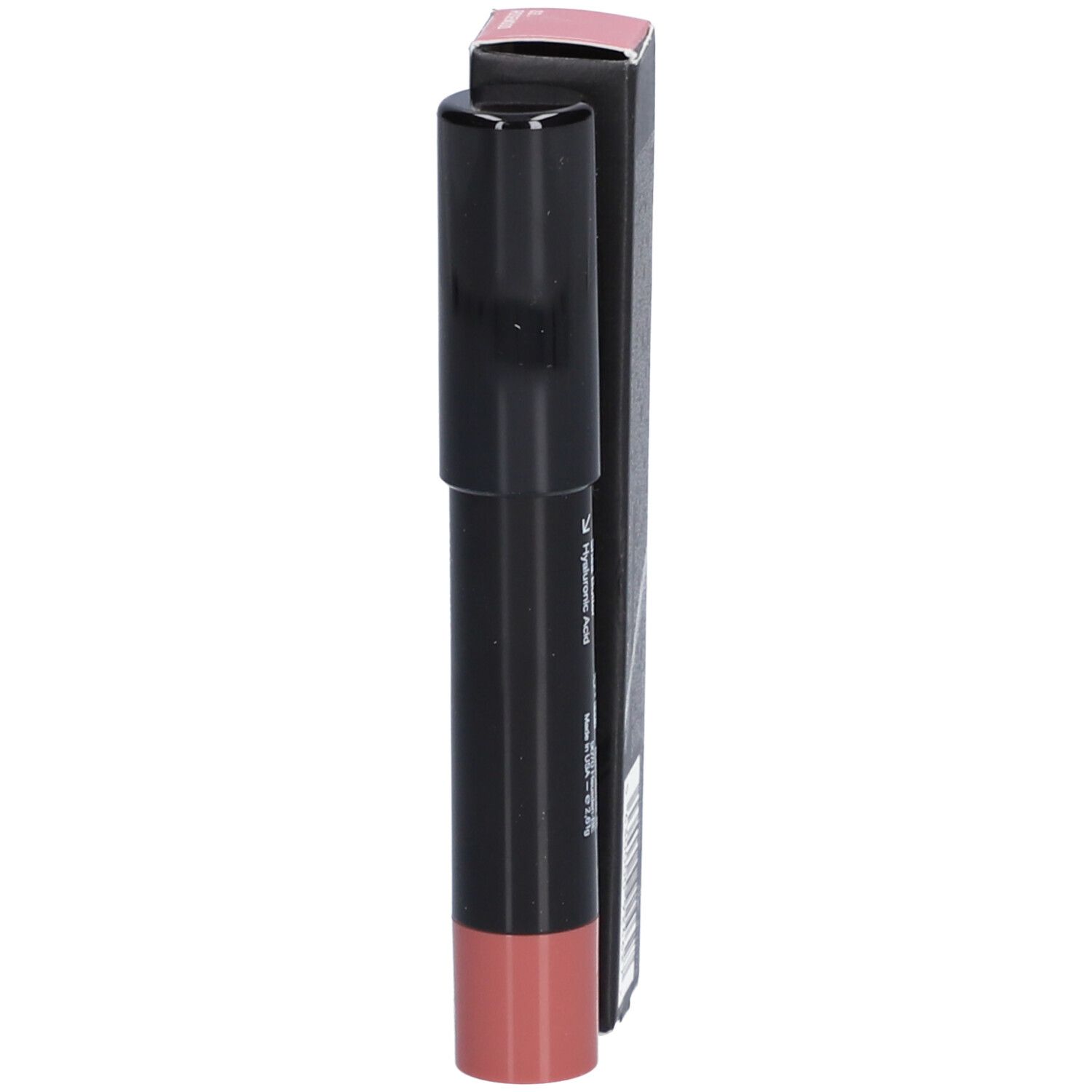 Lippenstift in einem schwarzen Applikator mit einer rosafarbenen Kappe, daneben die passende Verpackung.