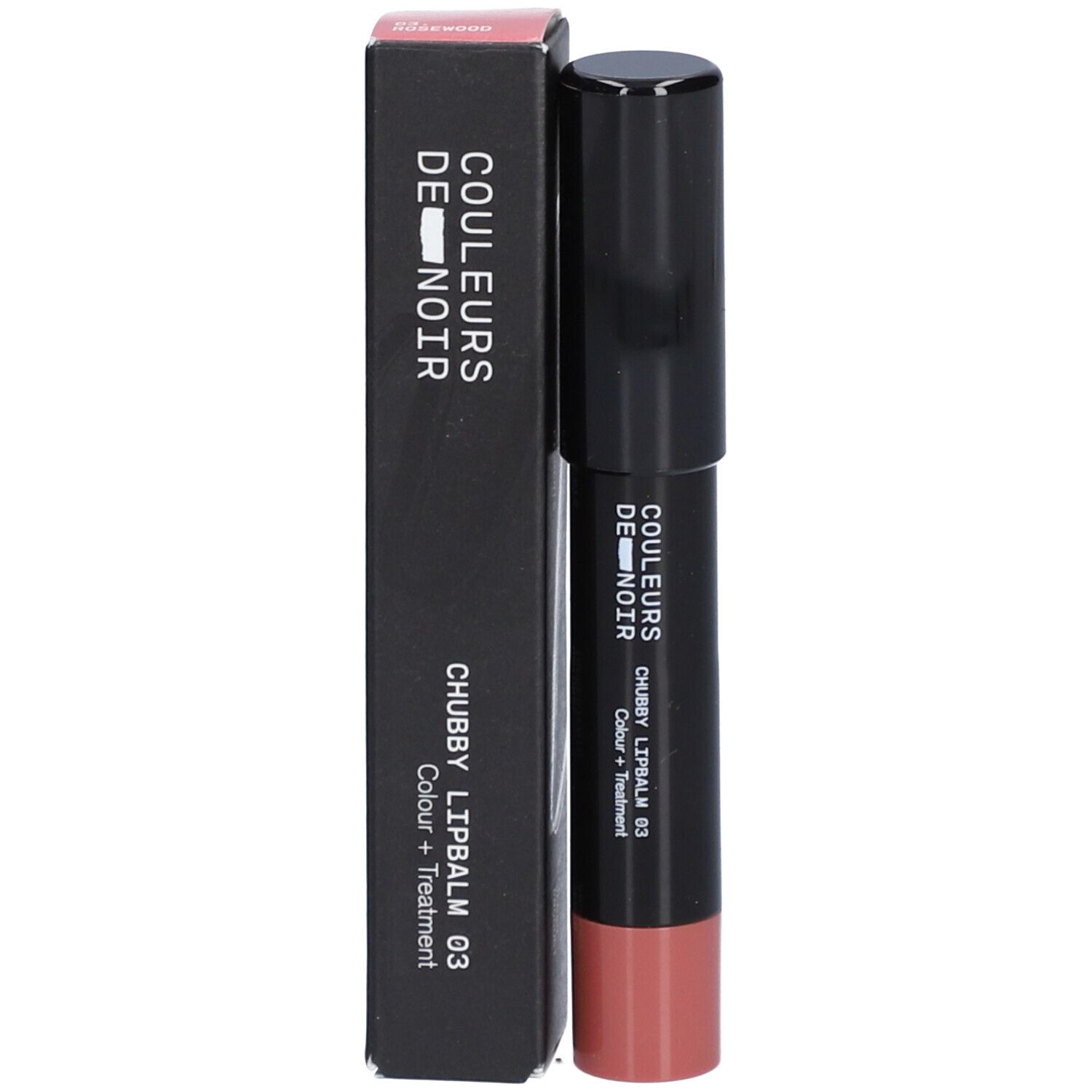 Schwarzer Lippenstift mit rosa Spitze und schwarzer Verpackung. Beschriftung: COULEURS DE NOIR CHUBBY LIPBALM 03 Colour + Treatment.
