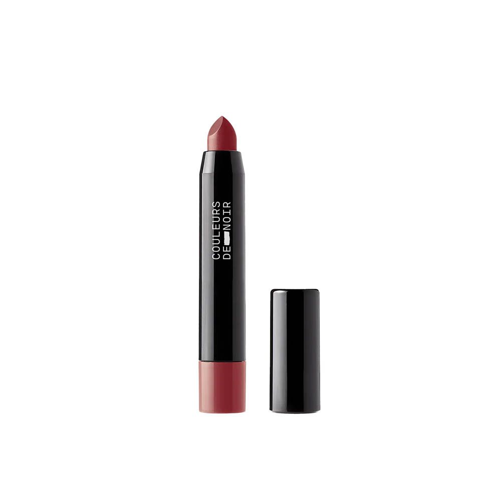 Les Couleurs de Noir Chubby LipBalm 04 Ruby. Bâton noir, capuchon ouvert. Baume à lèvres rouge visible.