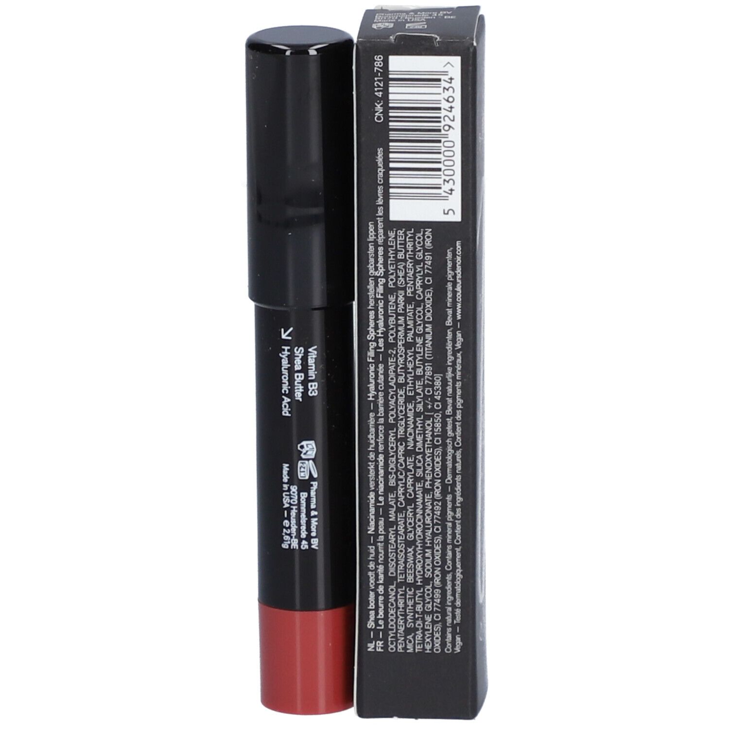 Les Couleurs de Noir Chubby LipBalm 04 Ruby. Bâton et emballage noirs. Texte avec ingrédients et informations.