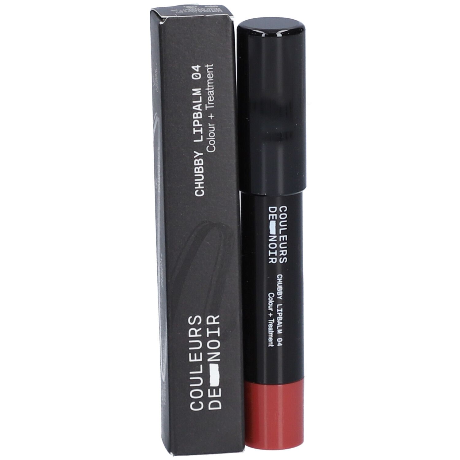 Les Couleurs de Noir Chubby LipBalm 04 Ruby. Bâton et emballage noirs. Baume à lèvres rouge visible.