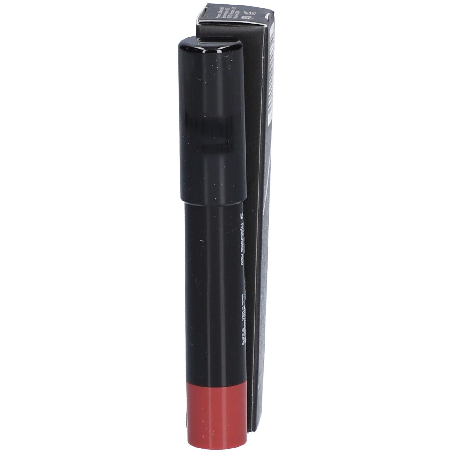 Les Couleurs de Noir Chubby LipBalm 04 Ruby. Bâton et emballage noirs. Baume à lèvres rouge visible.