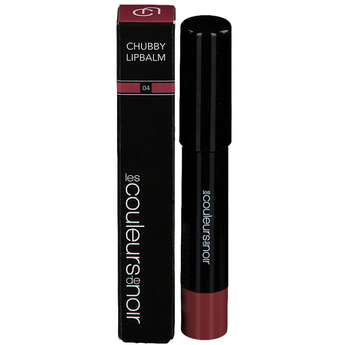 Les Couleurs de Noir Chubby LipBalm 04 Ruby. Emballage noir avec texte et accent rouge.