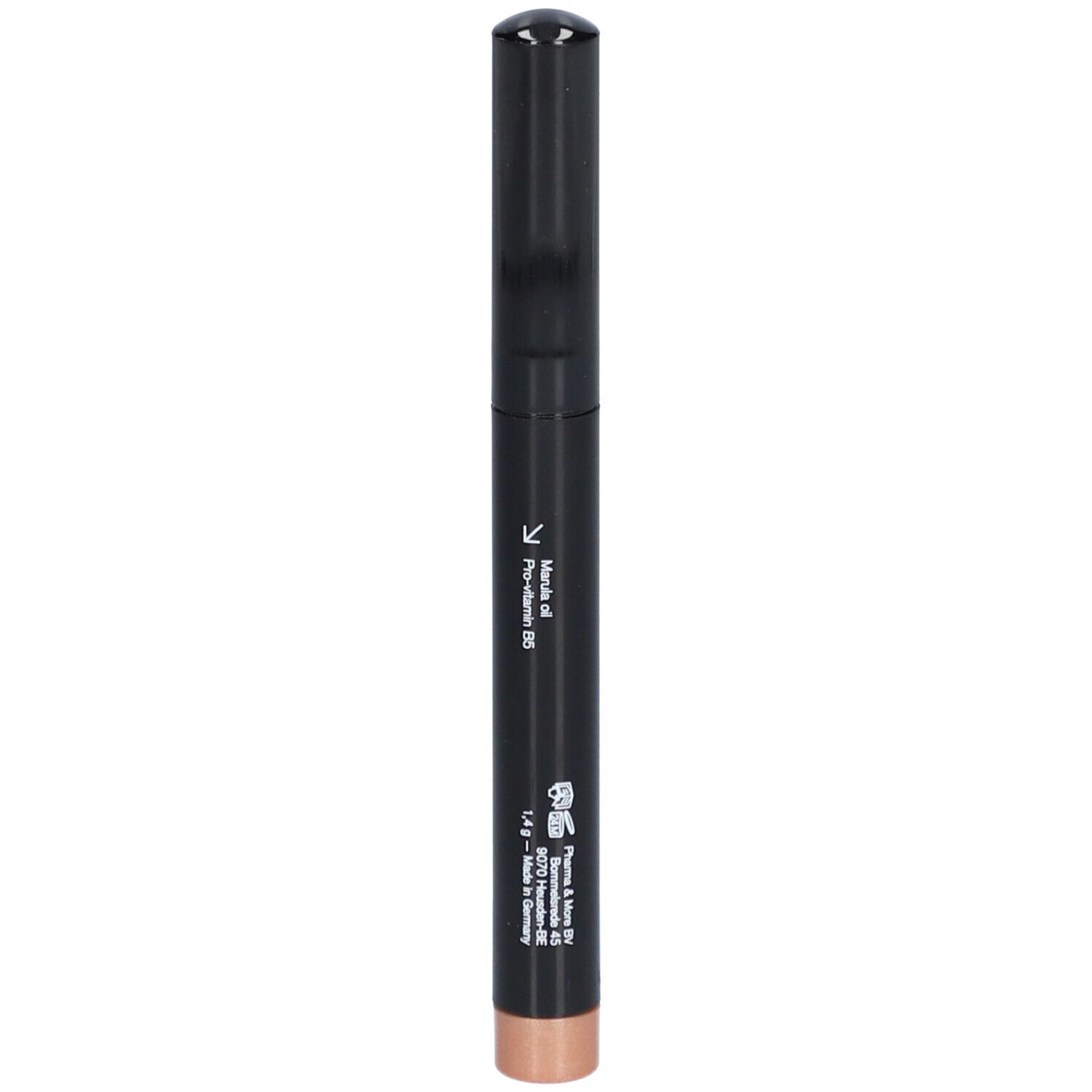 Schwarzer Lidschattenstift mit Champagner-Farbe. Aufschrift: LES COULEURS DE NOIR. STYLO OAP WP 01.