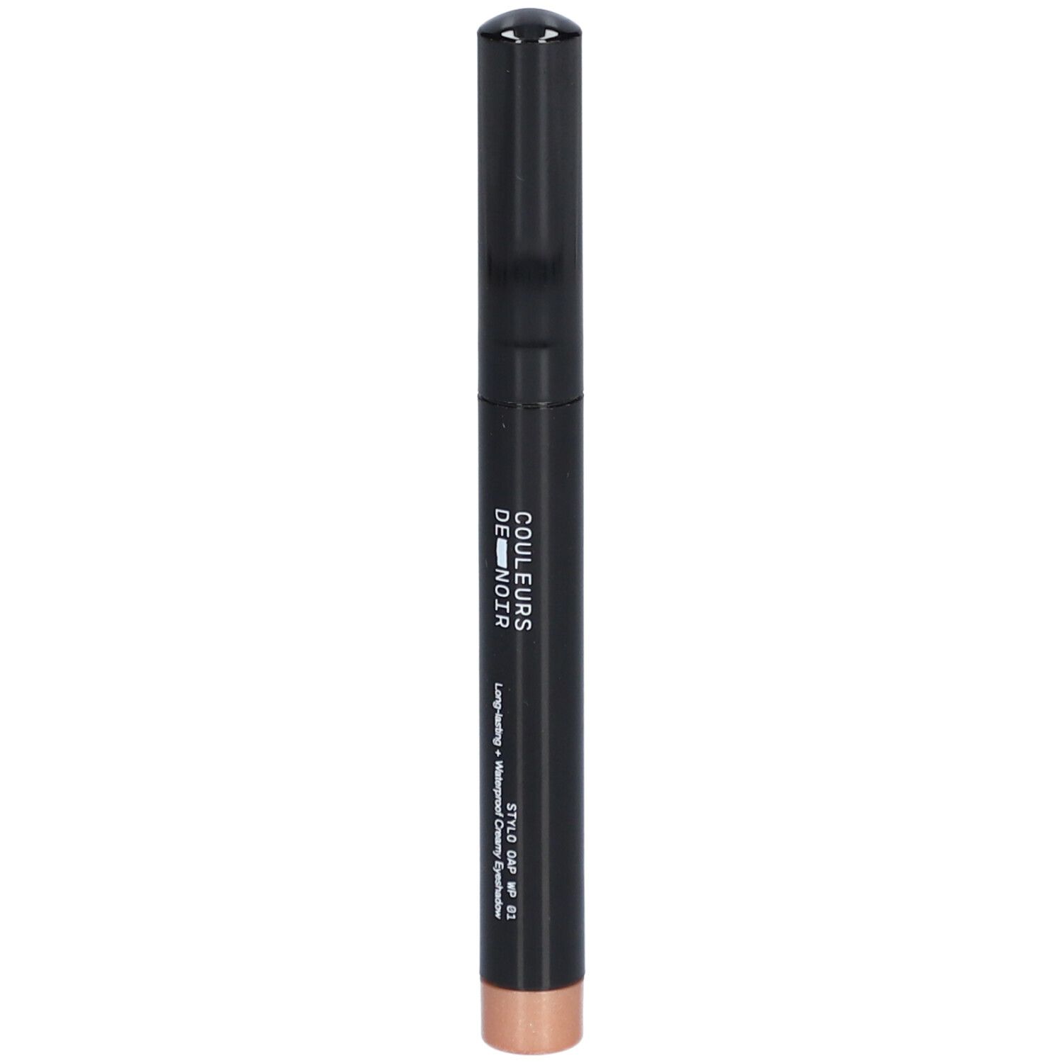 Schwarzer Lidschattenstift mit Champagner-Farbe. Aufschrift: LES COULEURS DE NOIR. STYLO OAP WP 01.