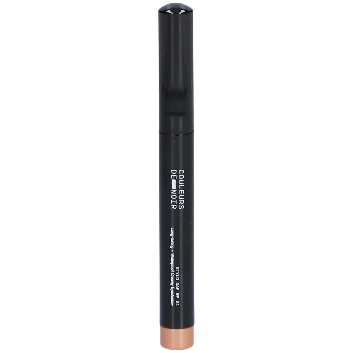 Schwarzer Lidschattenstift mit Champagner-Farbe. Aufschrift: LES COULEURS DE NOIR. STYLO OAP WP 01.