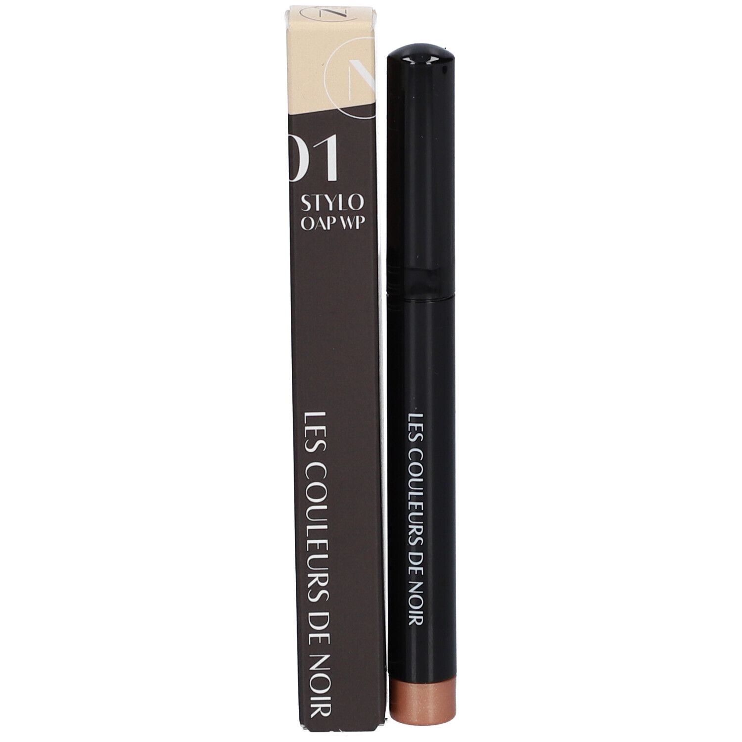 Schwarzer Lidschattenstift und Verpackung. Aufschrift: LES COULEURS DE NOIR. STYLO OAP WP 01.