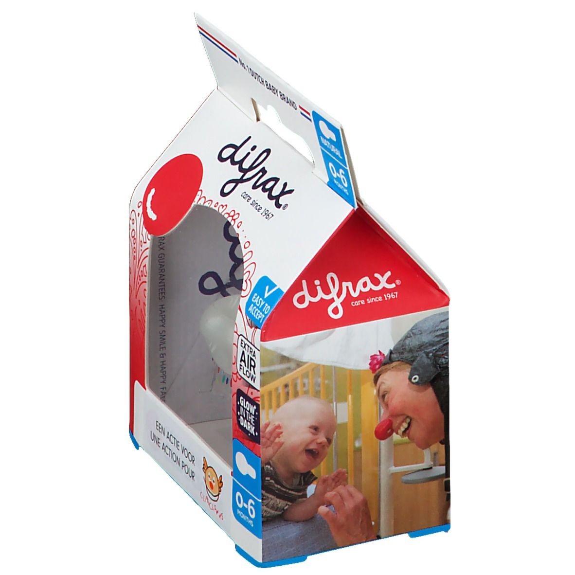 Verpackung mit Schnuller. Marke Difrax, Alter 0-6 Monate. Sichtbar: Schnuller, 'Easy to accept', 'Extra Air Flow', 'Glow in the dark'. Foto von Baby und Clown.