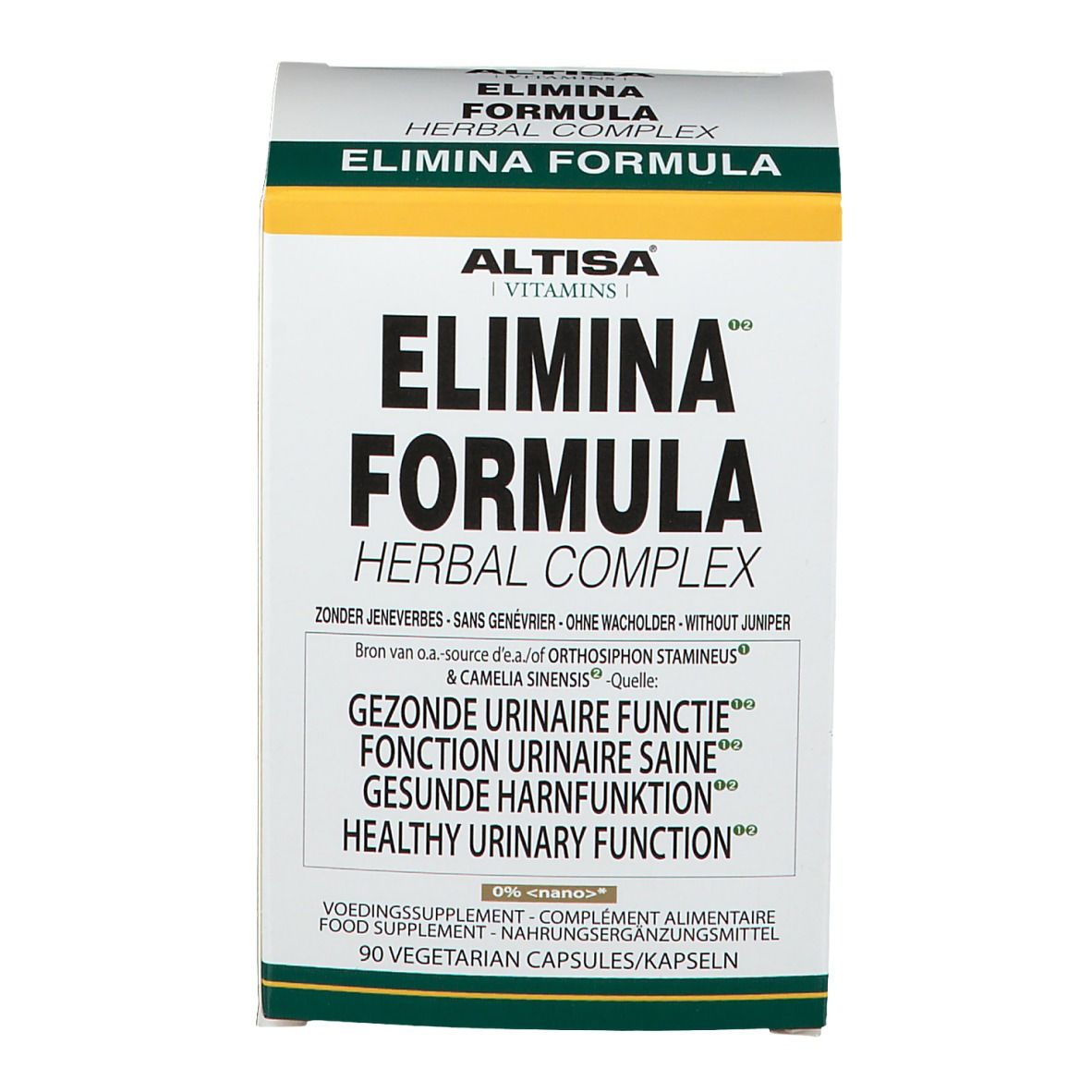 Boîte blanche avec accents verts et jaunes. Inscription : Altisa Elimina Formula Herbal Complex. Contient 90 gélules végétariennes.