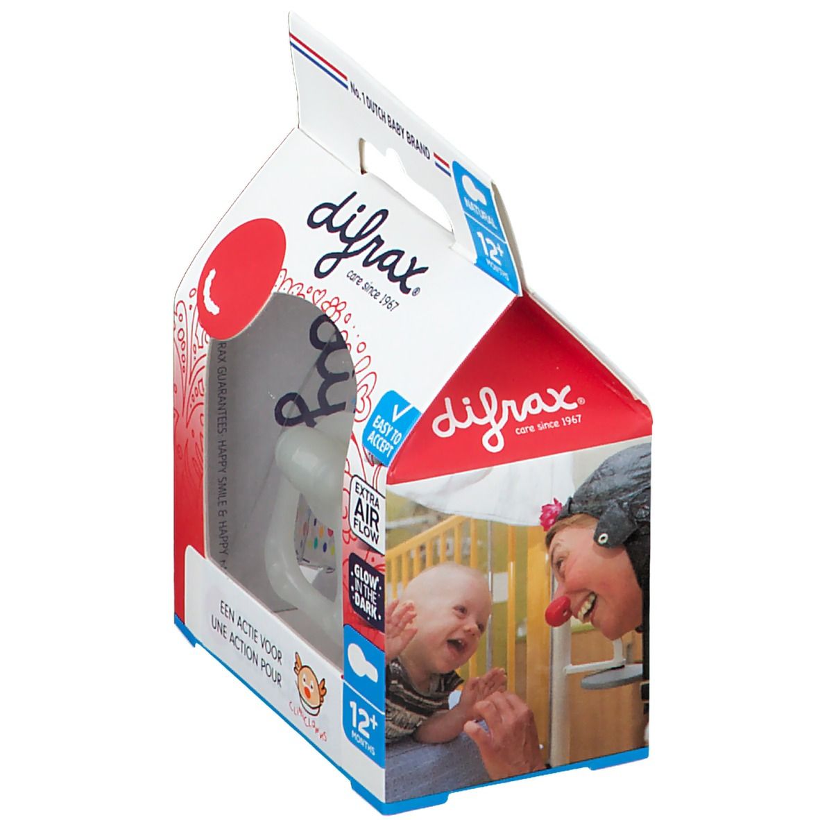 Emballage de sucette Difrax. Logo Clini Clowns, 12+ mois. Bébé et clown. Caractéristiques : circulation d'air, facile à accepter, brille dans le noir.