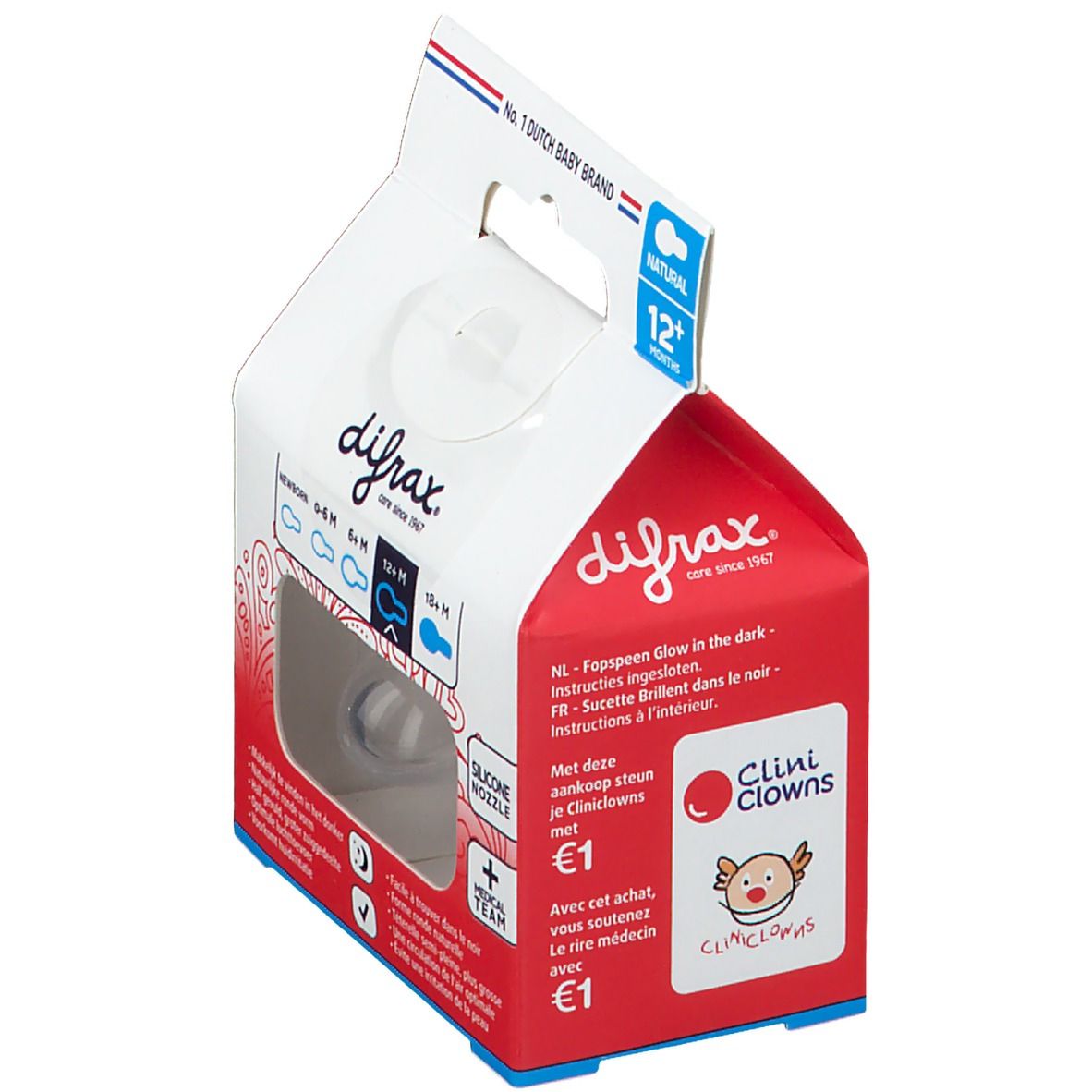 Emballage de sucette Difrax. Logo Clini Clowns, 12+ mois. Tétine en silicone. Caractéristiques : facile à accepter, brille dans le noir.