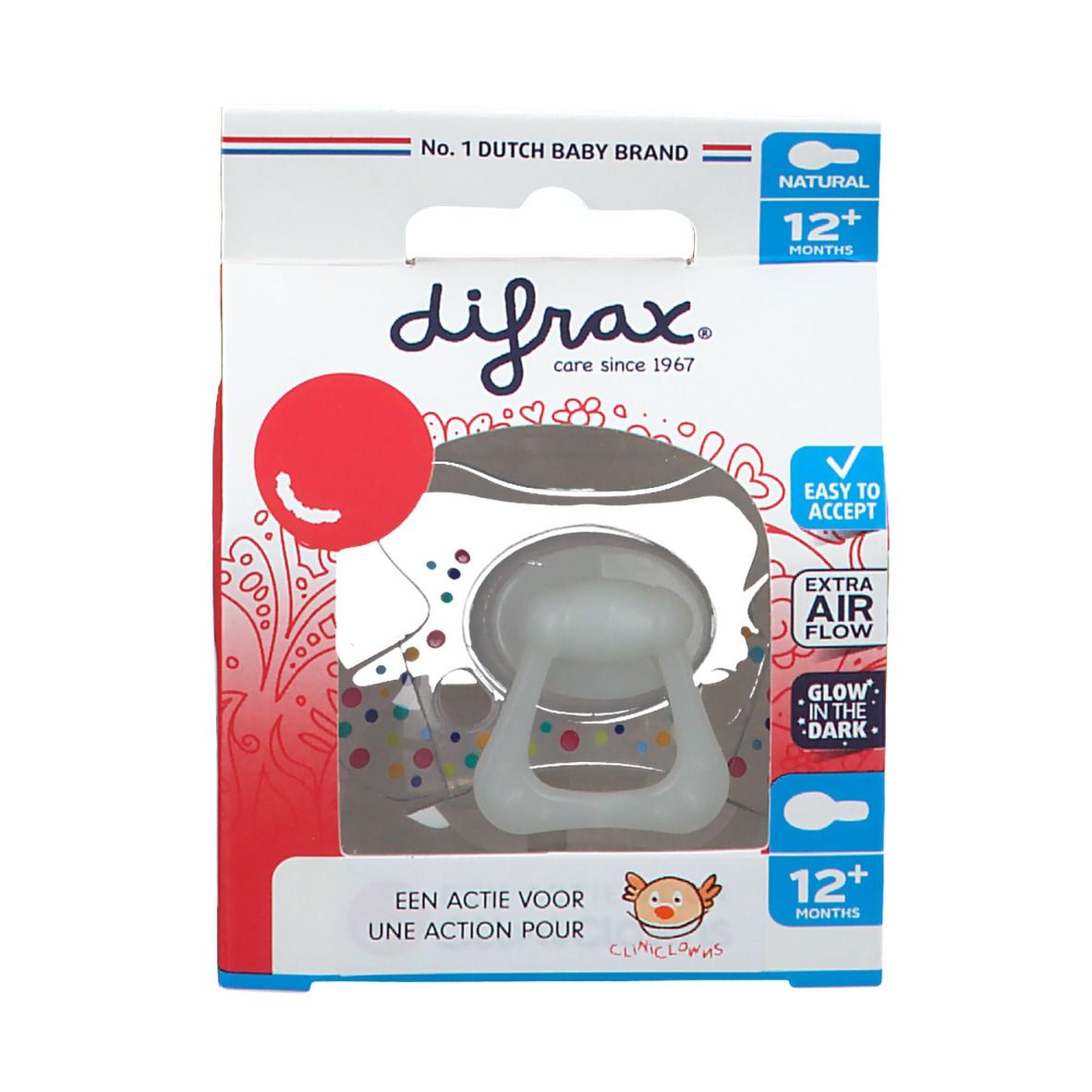 Emballage de sucette Difrax. Logo Clini Clowns, 12+ mois. Caractéristiques : circulation d'air, facile à accepter, brille dans le noir.