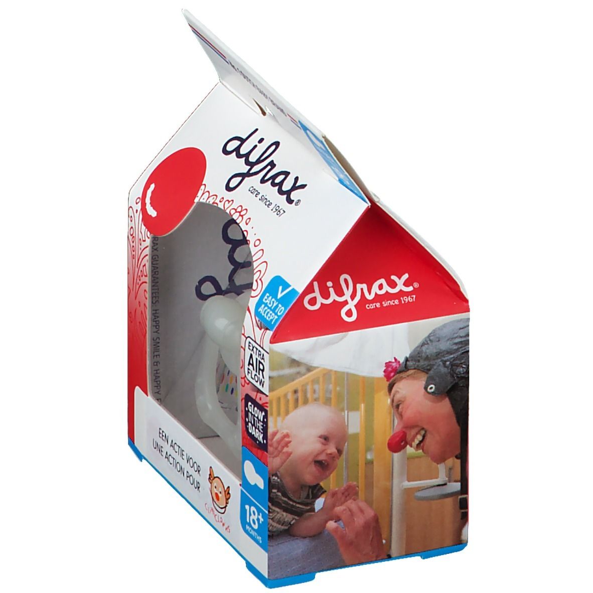 Emballage de sucette. Visible: logo difrax®, Natural, 18+ mois, logo Clini Clowns, bébé avec clown.