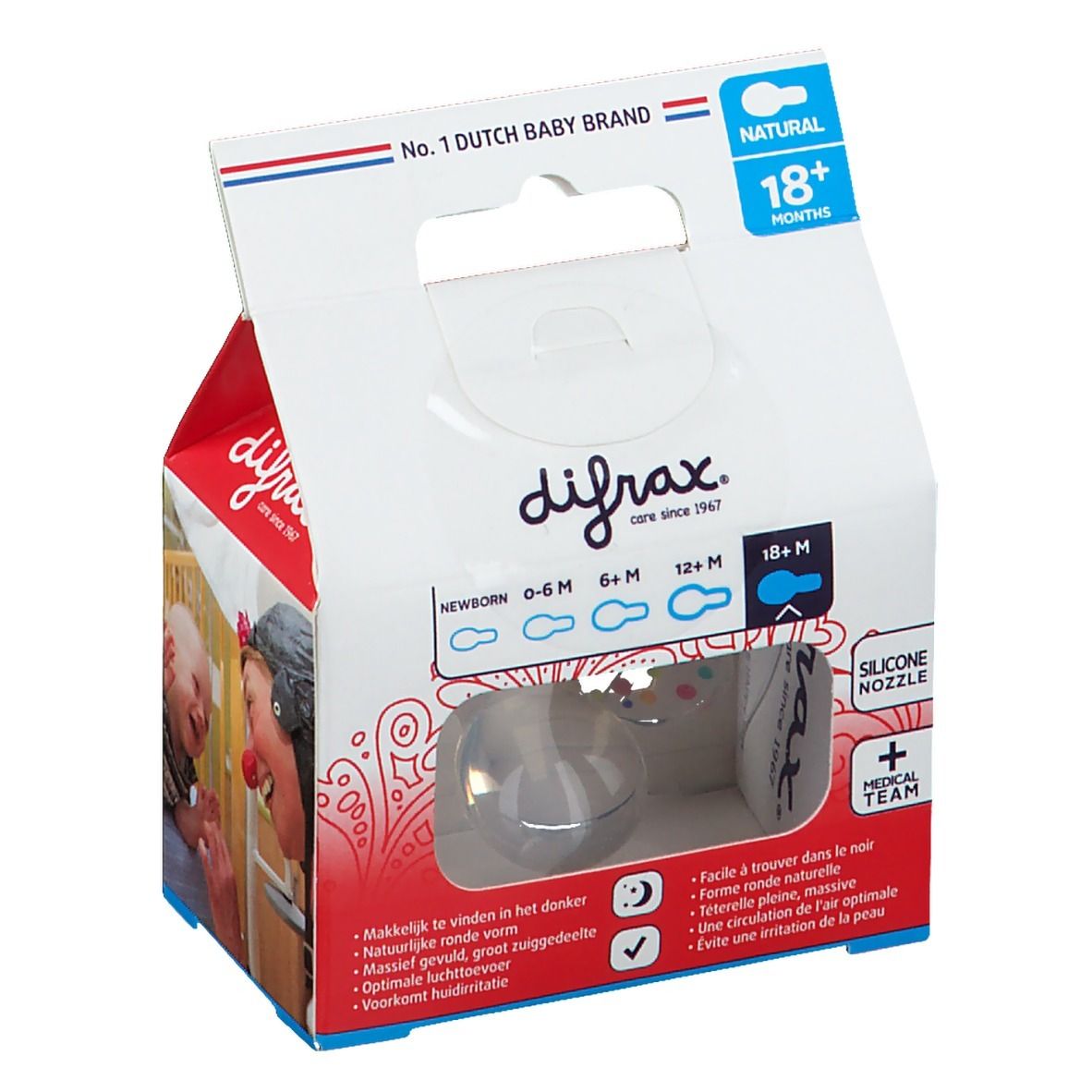 Emballage de sucette. Visible: logo difrax®, Natural, 18+ mois, tétine en silicone, 0-6M, 6-12M, 12+M.