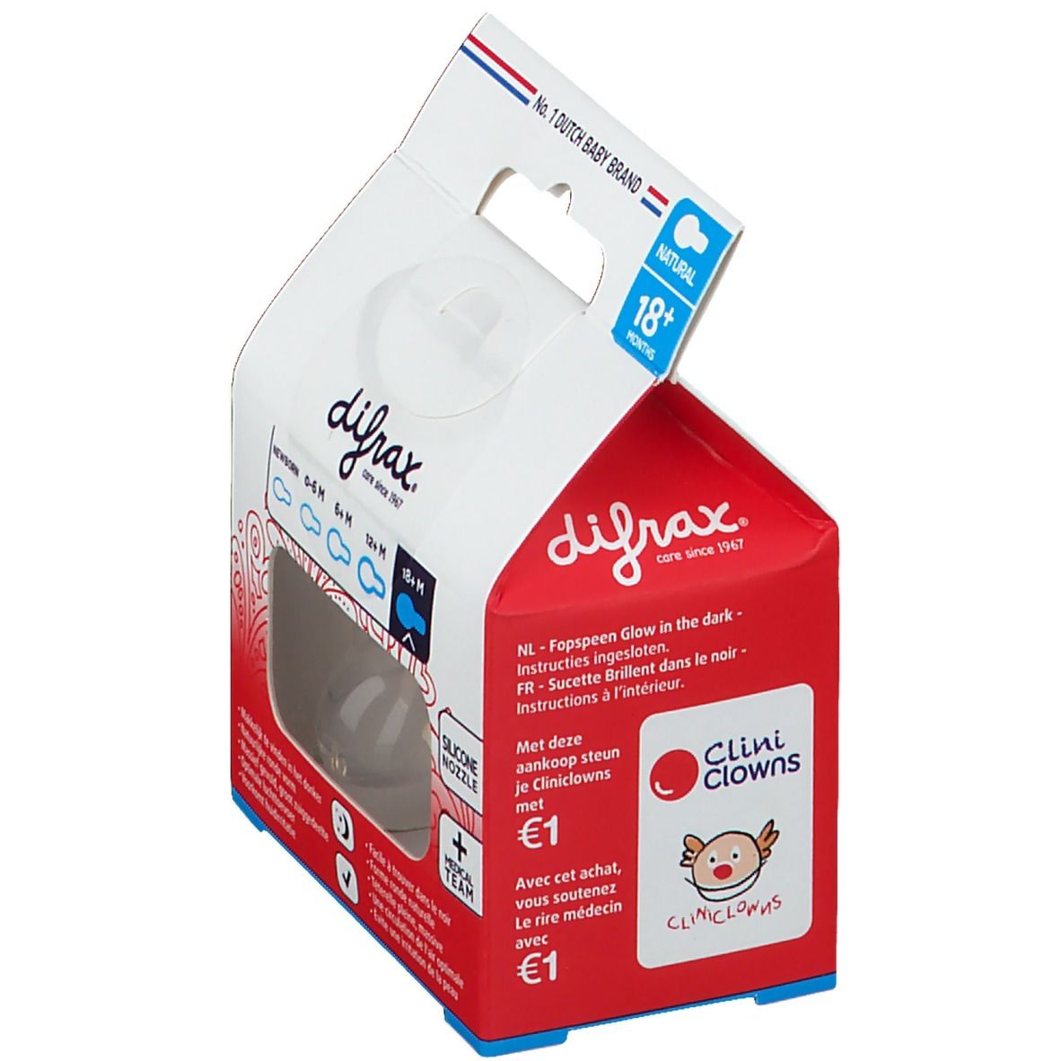 Emballage de sucette. Visible: logo difrax®, Natural, 18+ mois, logo Clini Clowns, sucette phosphorescente.