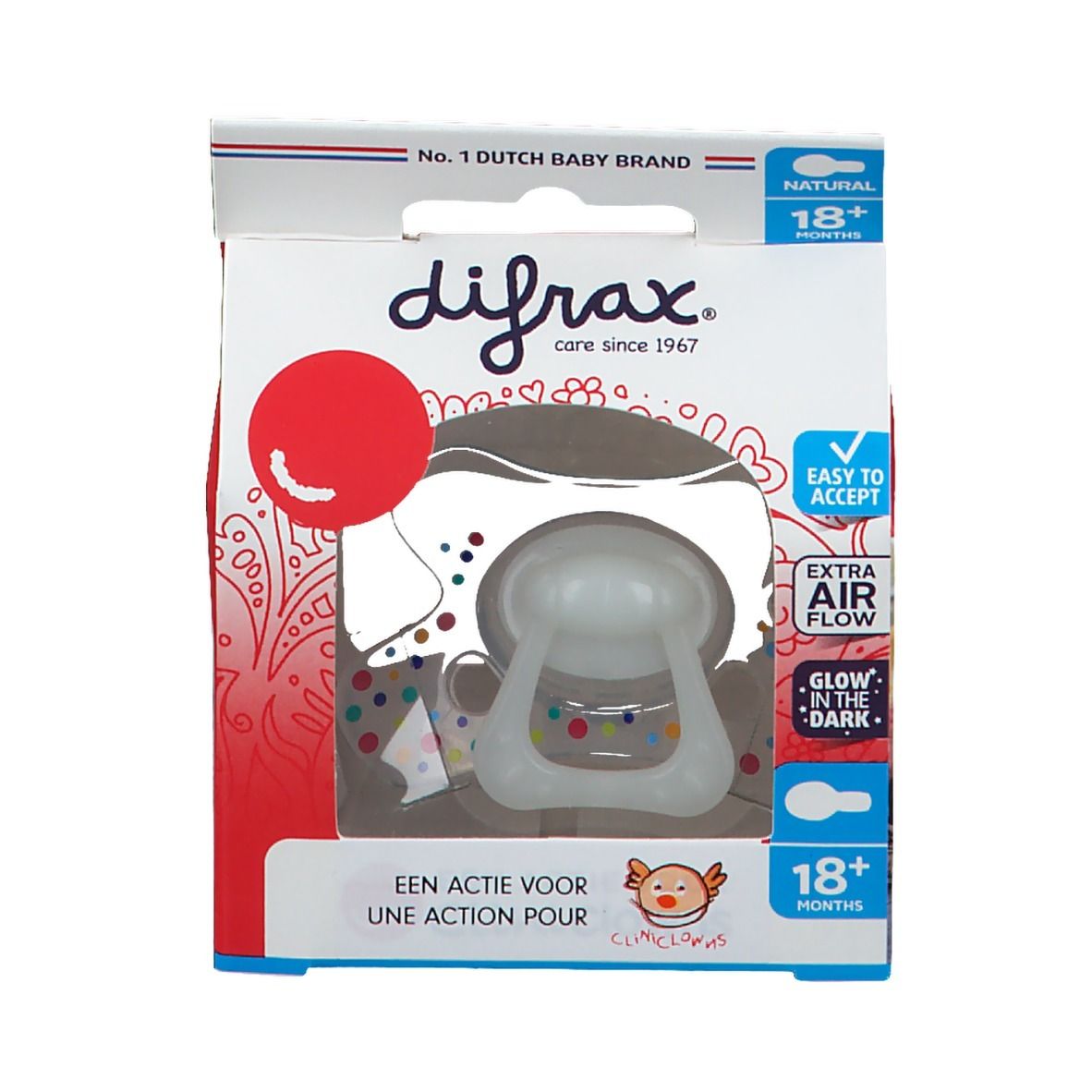 Emballage de sucette. Visible: logo difrax®, Natural, 18+ mois, logo Clini Clowns, emballage transparent.