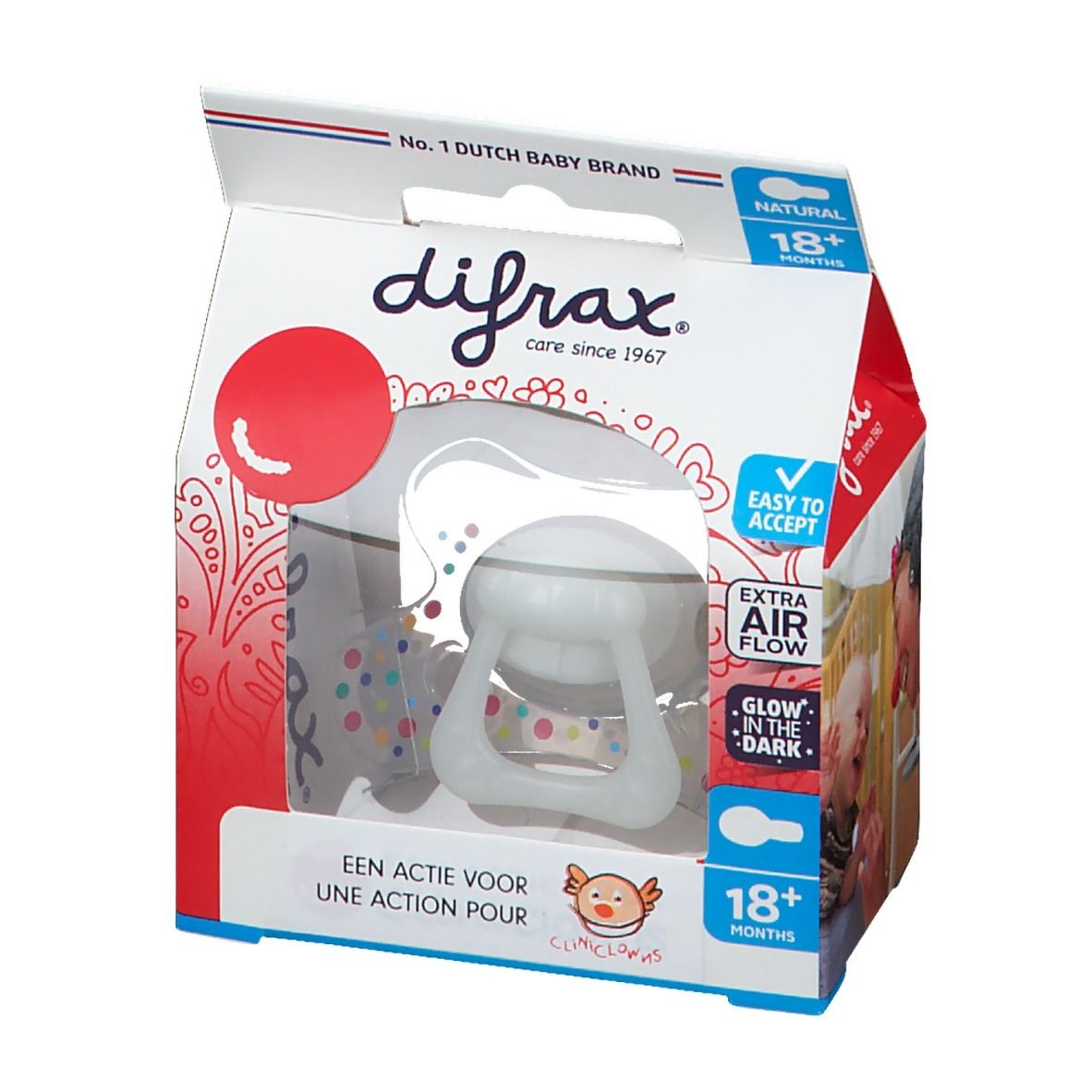Emballage de sucette. Visible: logo difrax®, Natural, 18+ mois, logo Clini Clowns, bébé avec clown.