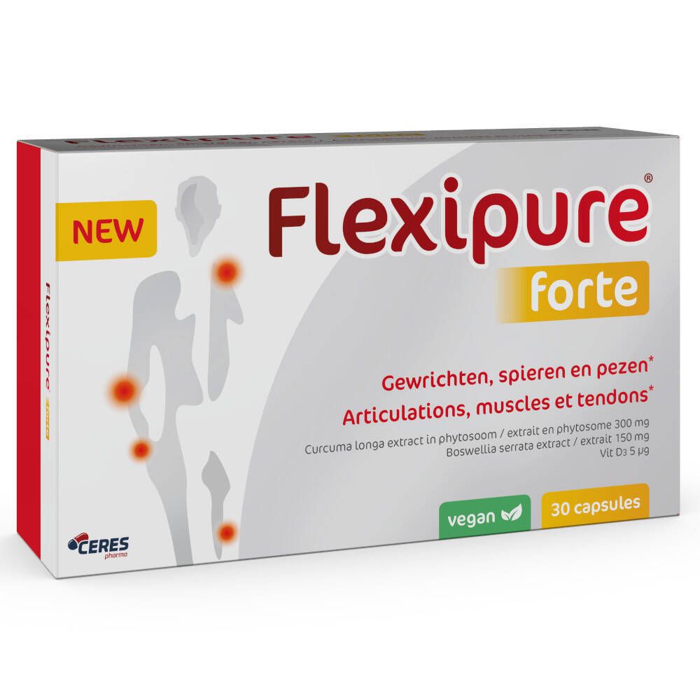 Boîte de FlexiPure forte. Inscription : articulations, muscles et tendons. Contient 30 gélules. Vegan.
