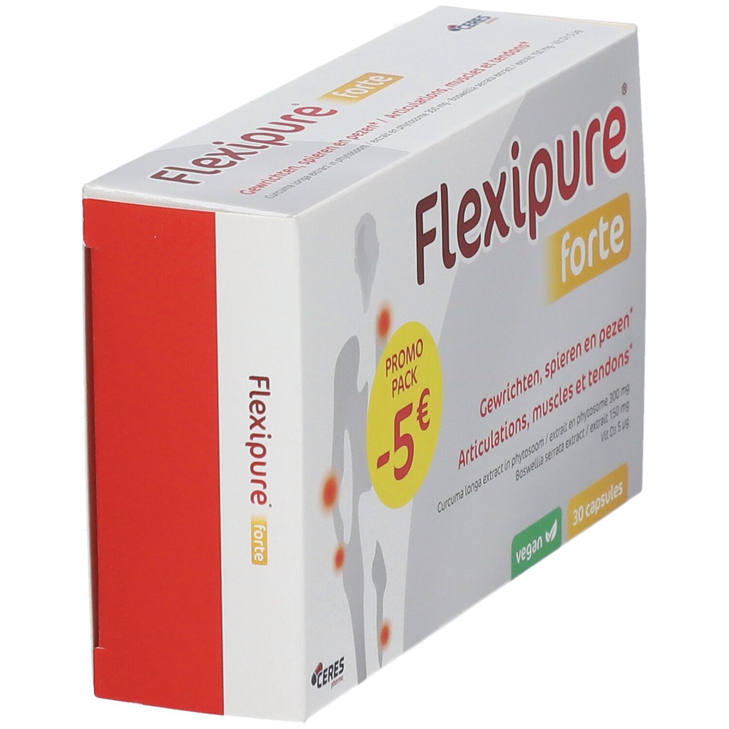 Pack FlexiPure Forte. Boîte blanche avec côté rouge. Contient 30 gélules. Vegan.
