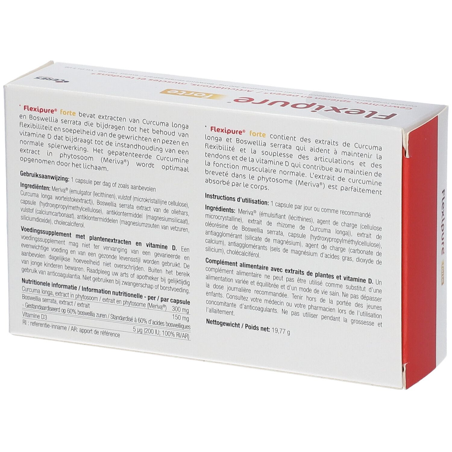 Pack FlexiPure Forte. Dos de la boîte blanche avec texte. Contient 30 gélules. Vegan.
