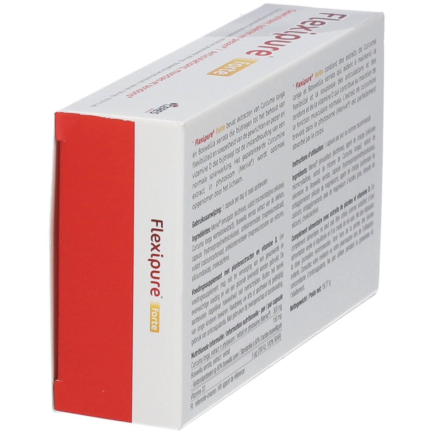 Pack FlexiPure Forte. Boîte blanche avec côté rouge et texte. Contient 30 gélules. Vegan.
