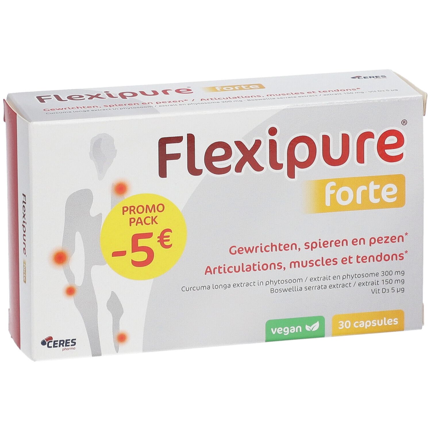 Pack FlexiPure Forte. Boîte blanche avec accents rouges et jaunes. Contient 30 gélules. Vegan.