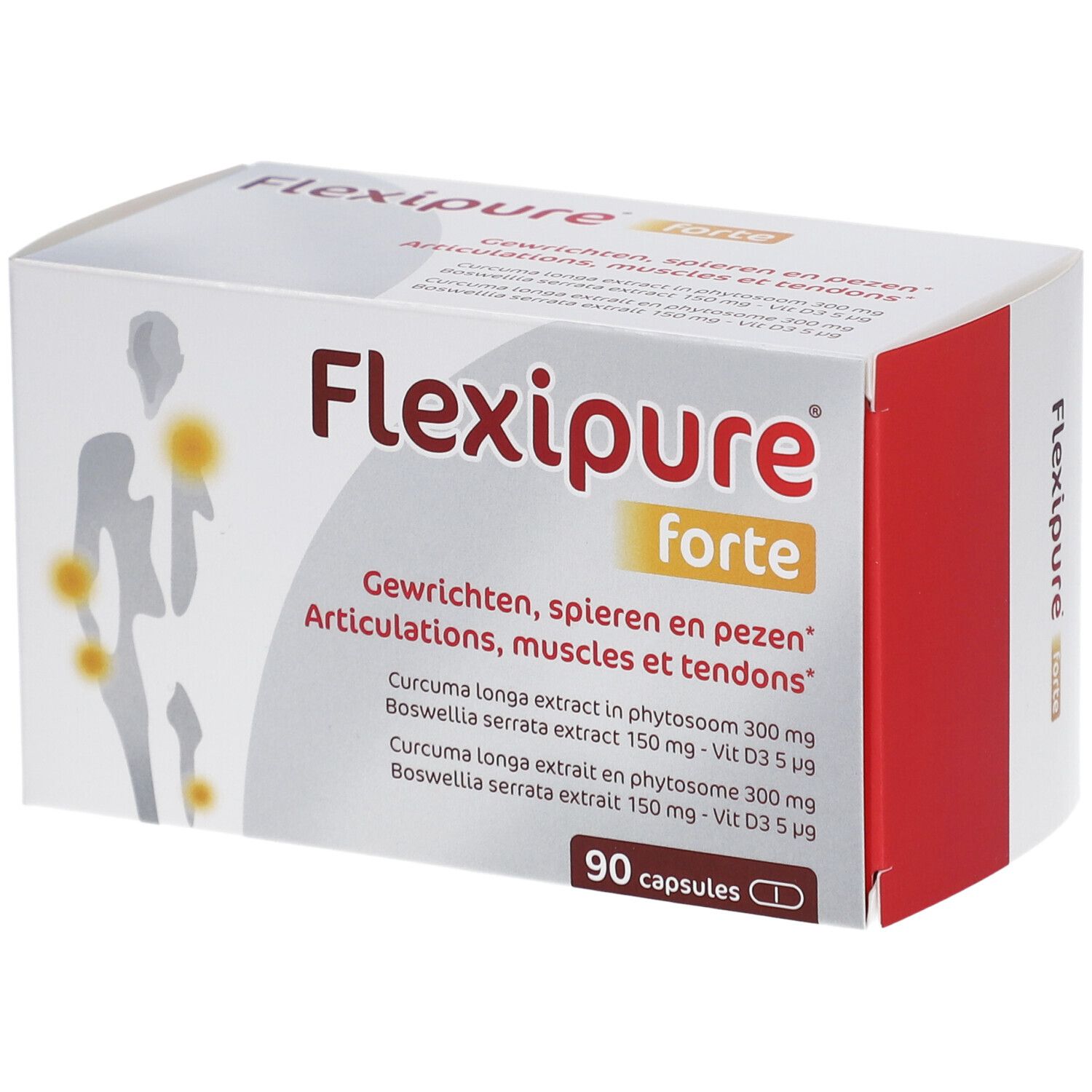 Flexipure forte verpakking. Bevat 90 capsules. Opschrift: Gewrichten, spieren en pezen. Bevat Curcuma longa en Boswellia serrata.