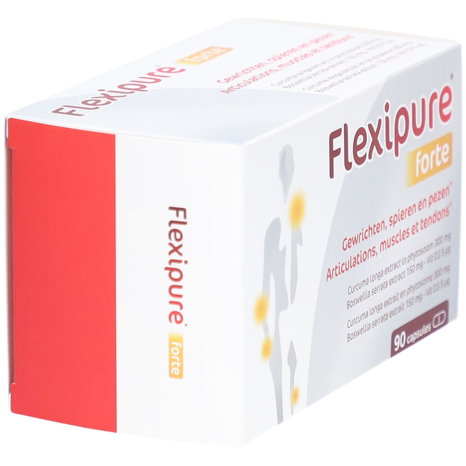 Flexipure forte verpakking, schuin. Bevat 90 capsules. Opschrift: Gewrichten, spieren en pezen. Bevat Curcuma longa en Boswellia serrata.