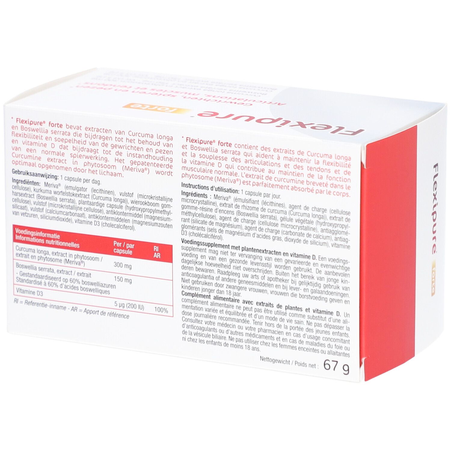 Flexipure forte verpakking, achterkant. Bevat ingrediënten en gebruiksaanwijzing. Gewicht: 67 g. Bevat Curcuma longa en Boswellia serrata.