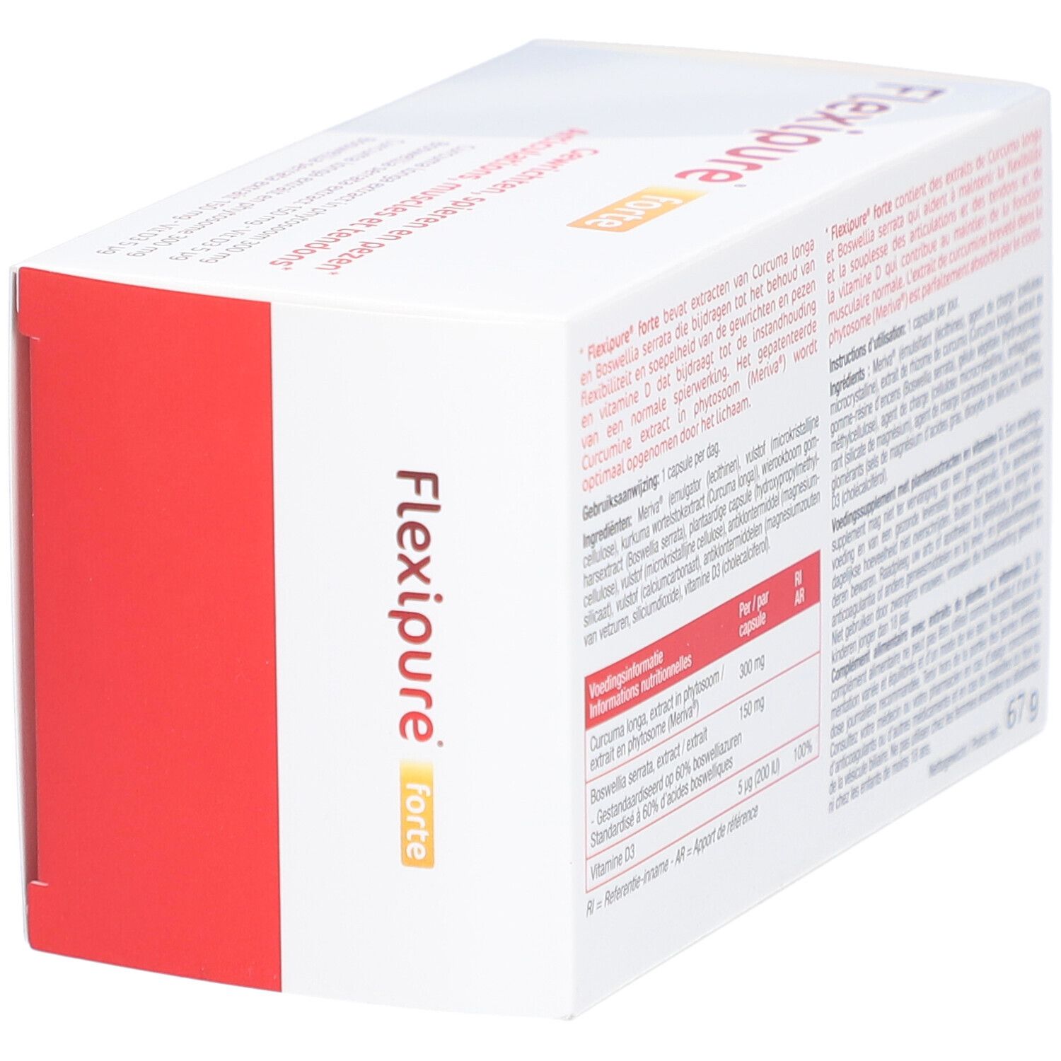 Flexipure forte verpakking, schuin, achterkant. Bevat ingrediënten en gebruiksaanwijzing. Gewicht: 67 g. Bevat Curcuma longa en Boswellia serrata.
