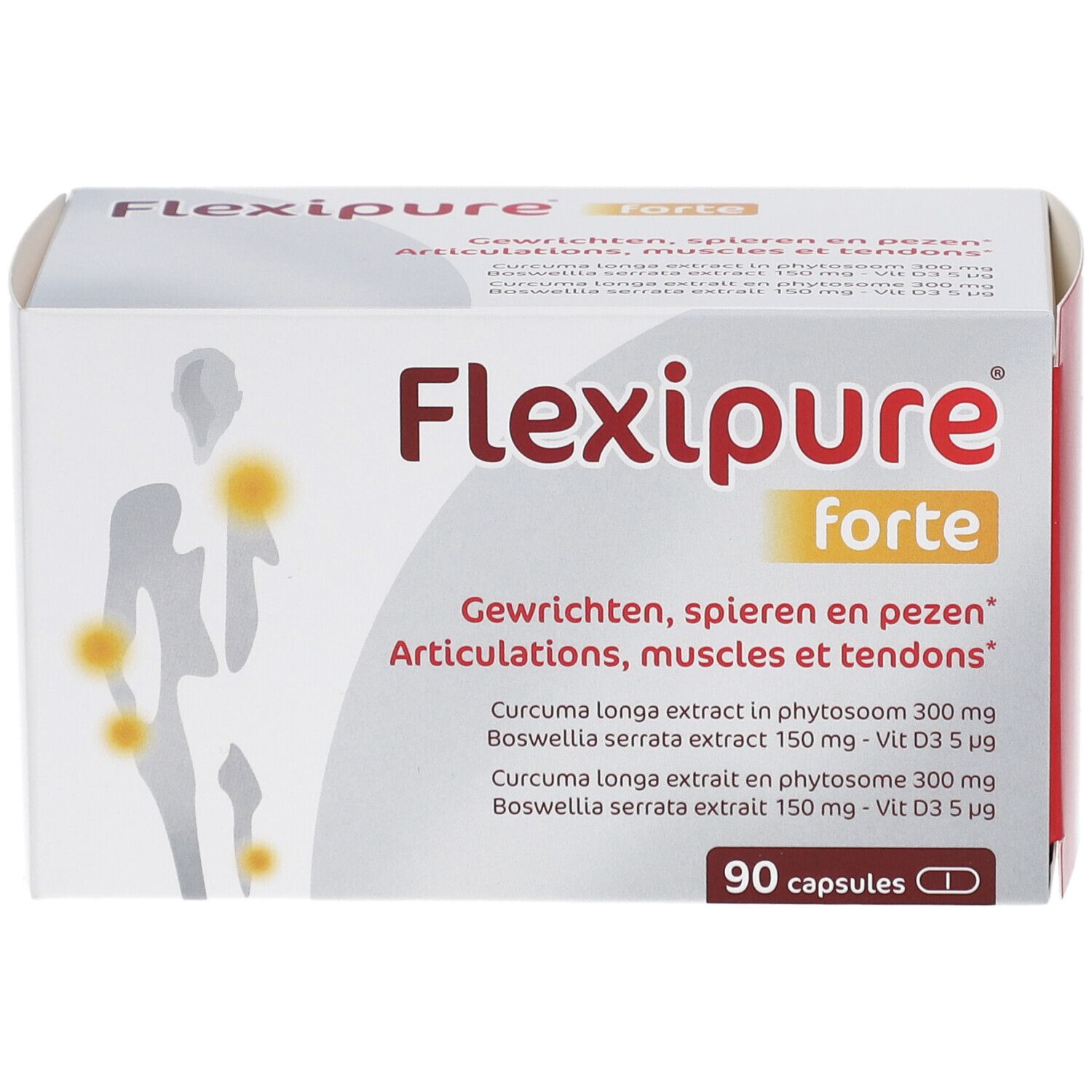 Flexipure forte verpakking. Bevat 90 capsules. Opschrift: Gewrichten, spieren en pezen. Bevat Curcuma longa en Boswellia serrata.