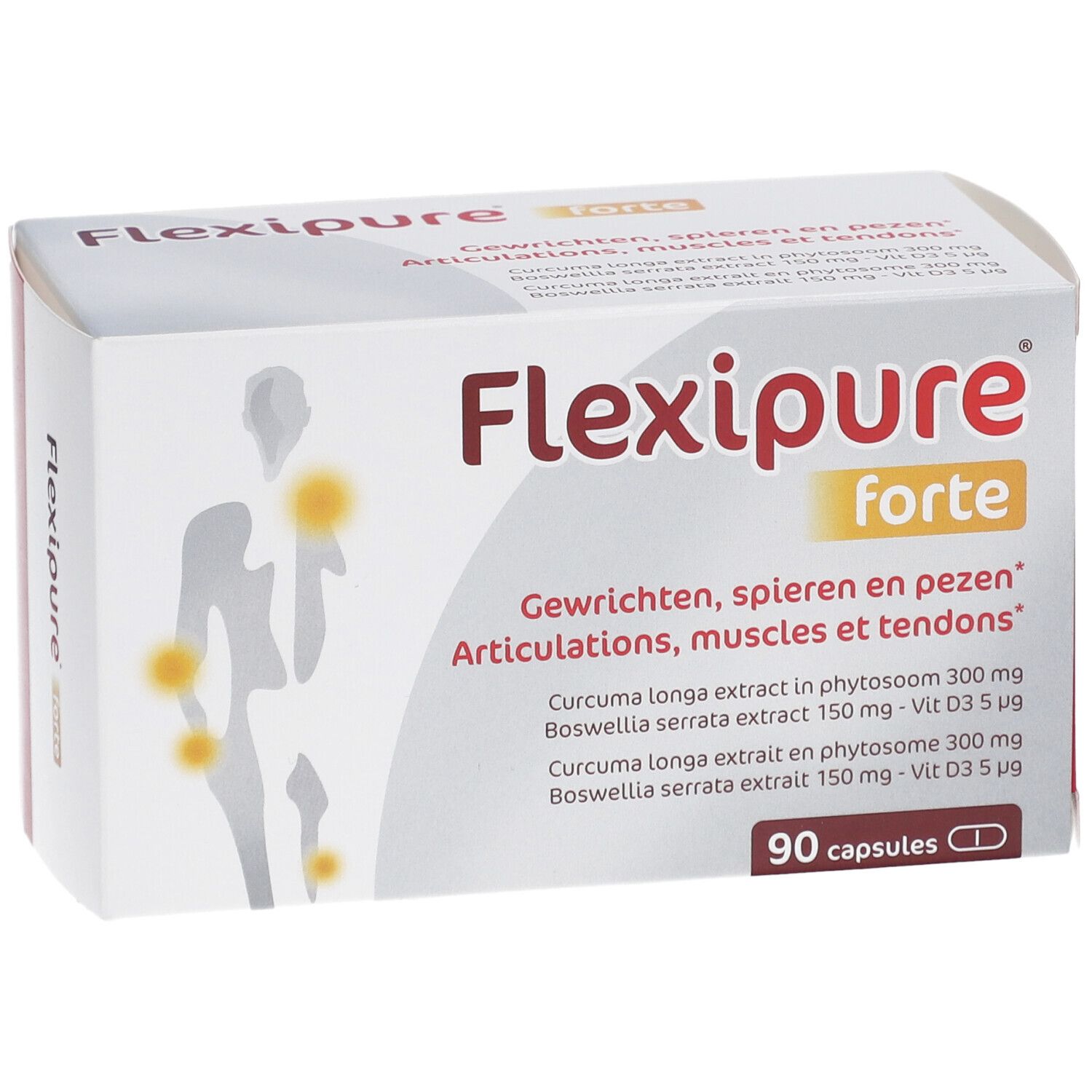 Flexipure forte verpakking. Bevat 90 capsules. Opschrift: Gewrichten, spieren en pezen. Bevat Curcuma longa en Boswellia serrata.
