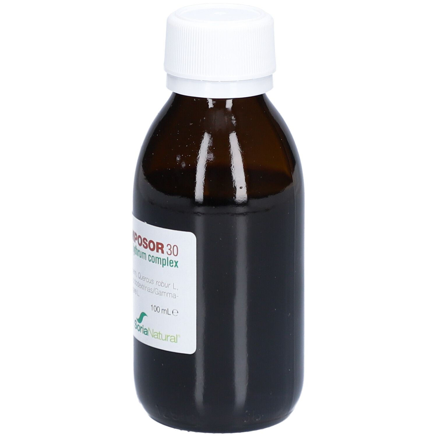 Flacon en verre brun avec bouchon blanc. Étiquette avec nom du produit et marque Soria Natural. 100 ml.