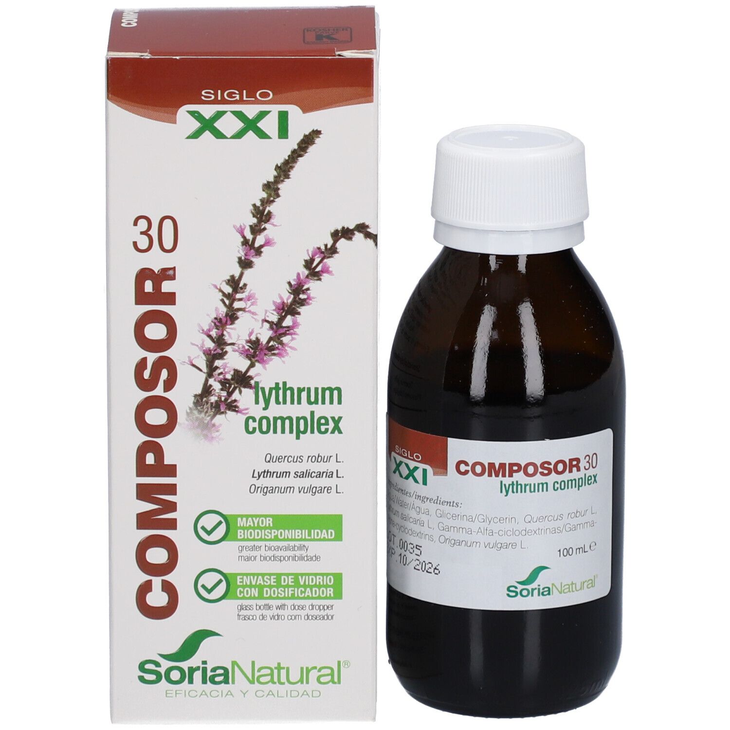 Flacon en verre brun et emballage. Emballage avec nom du produit, marque Soria Natural et informations. 100 ml.