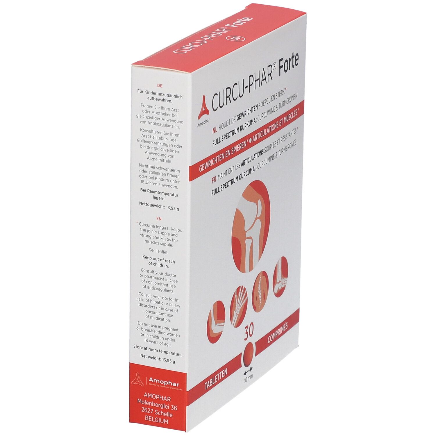 Schuine weergave van de verpakking van Curcu-Phar® Forte. Bevat 30 tabletten. Illustraties van gewrichten en spieren.