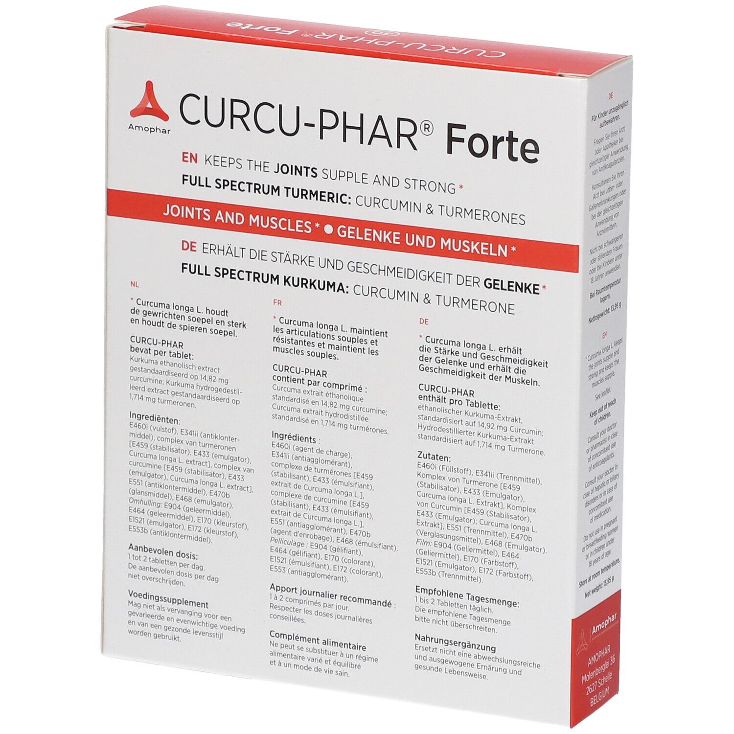 Achterkant van de verpakking van Curcu-Phar® Forte. Bevat informatie over ingrediënten en gebruik.